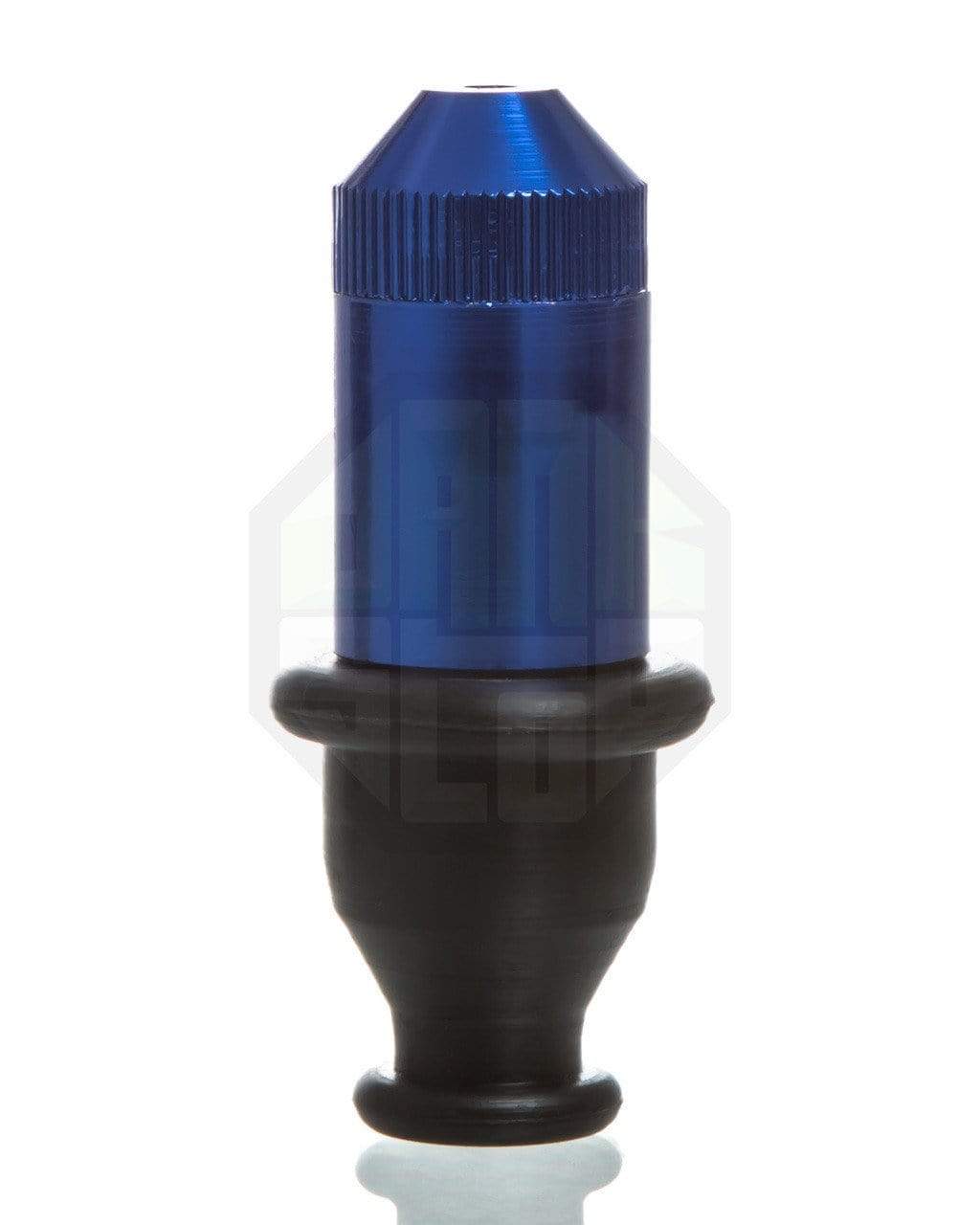 Front view of the 1 Hit Chillum with Rubber Mouthpiece, a blue one-hitter with a black rubber tip. Front view of the 1 Hit Chillum with Rubber Mouthpiece, a blue one-hitter with a black rubber tip.