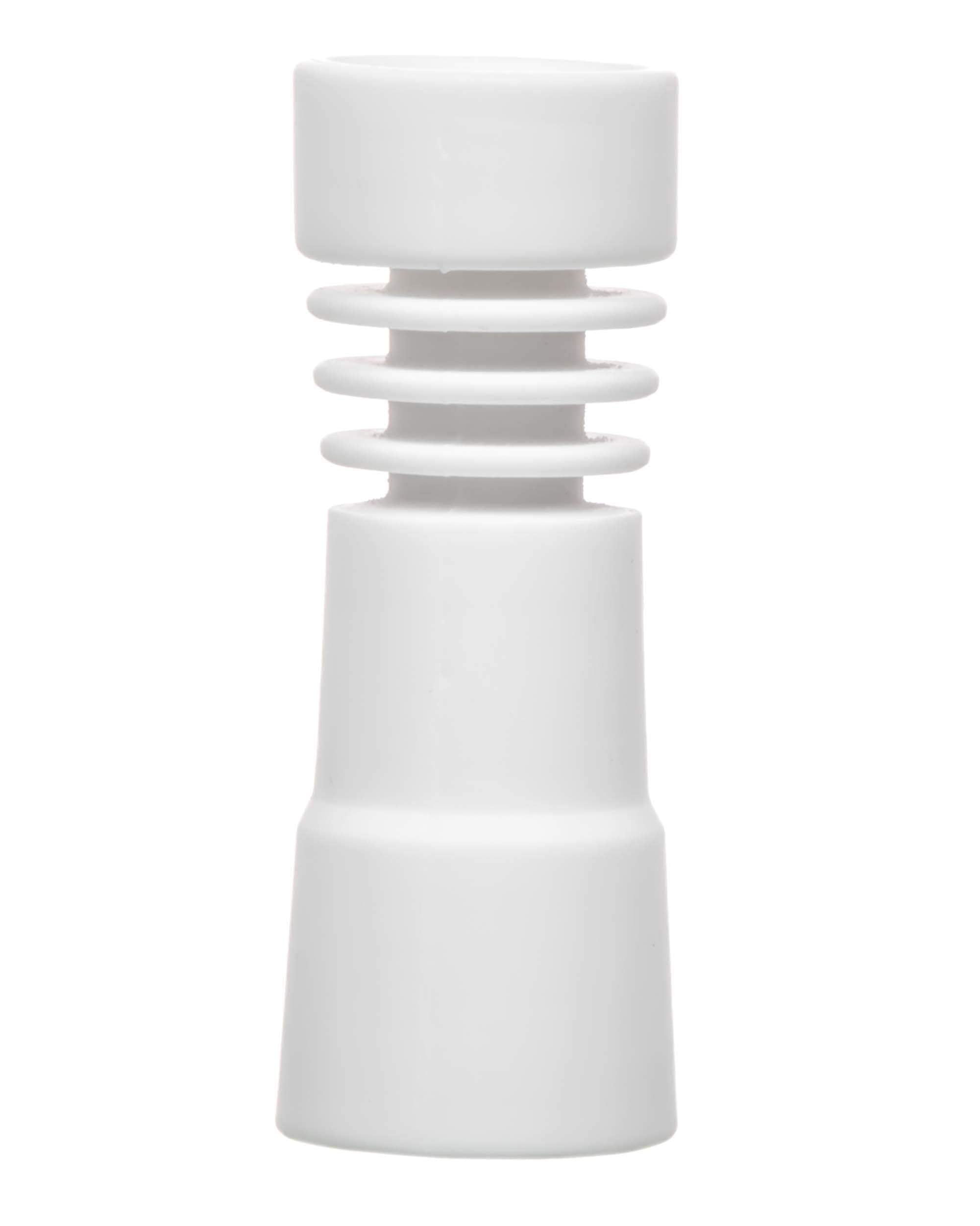 Front view of the 14/18mm Female Ceramic Domeless Nail, a white ceramic piece with a slightly textured surface. Front view of the 14/18mm Female Ceramic Domeless Nail, a white ceramic piece with a slightly textured surface.