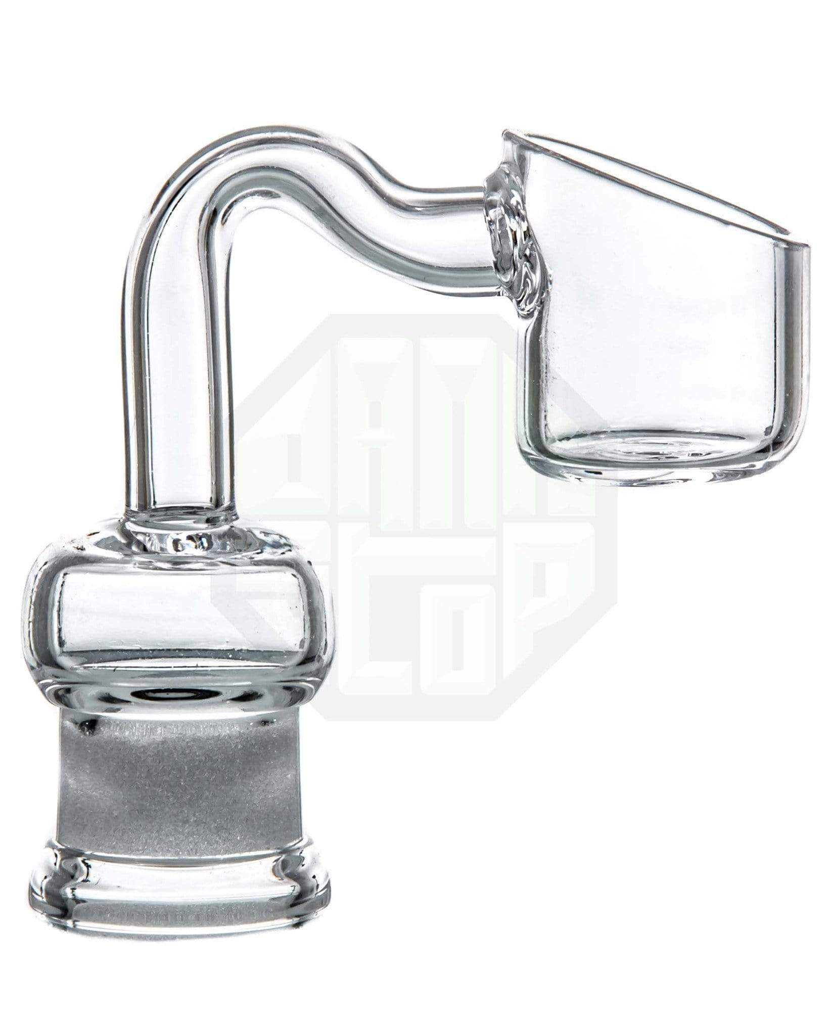A close-up, angled view of the 2mm 2-in-1 Quartz Banger Nail, showcasing its clear quartz construction and rounded dish. A close-up, angled view of the 2mm 2-in-1 Quartz Banger Nail, showcasing its clear quartz construction and rounded dish.