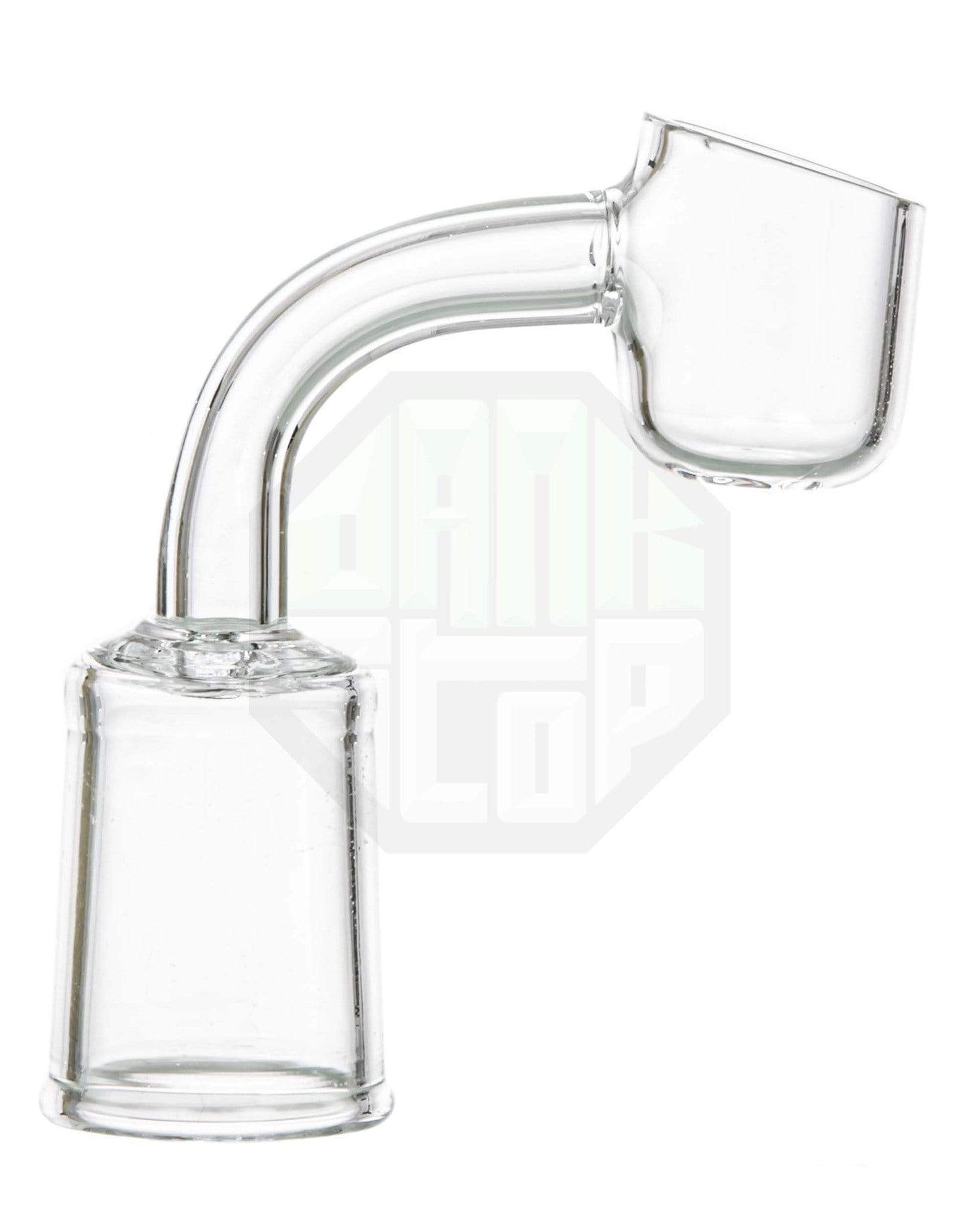 A close-up, angled view of the 2mm Thick Quartz Banger Nail, showing the clear quartz material and simple cylindrical shape. A close-up, angled view of the 2mm Thick Quartz Banger Nail, showing the clear quartz material and simple cylindrical shape.