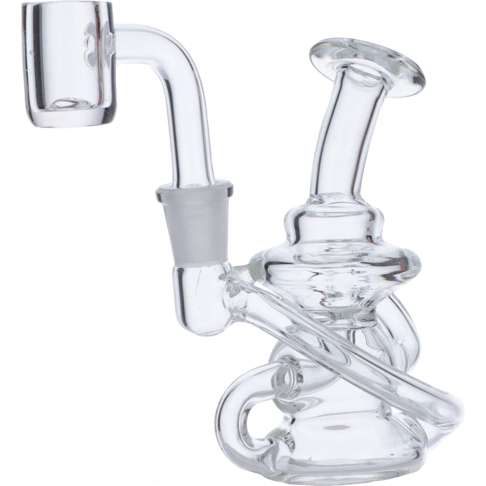 Front view of the "4" Dab Rig Water Pipe Mini, a small clear glass rig with a curved neck and visible joint. Front view of the "4" Dab Rig Water Pipe Mini, a small clear glass rig with a curved neck and visible joint.