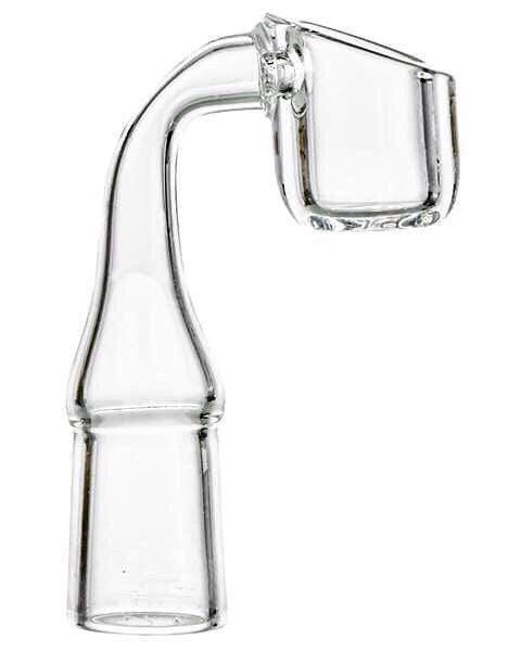 A close-up view of the 4mm Thick Quartz Banger Nail, showcasing its clear quartz construction and angled design. A close-up view of the 4mm Thick Quartz Banger Nail, showcasing its clear quartz construction and angled design.