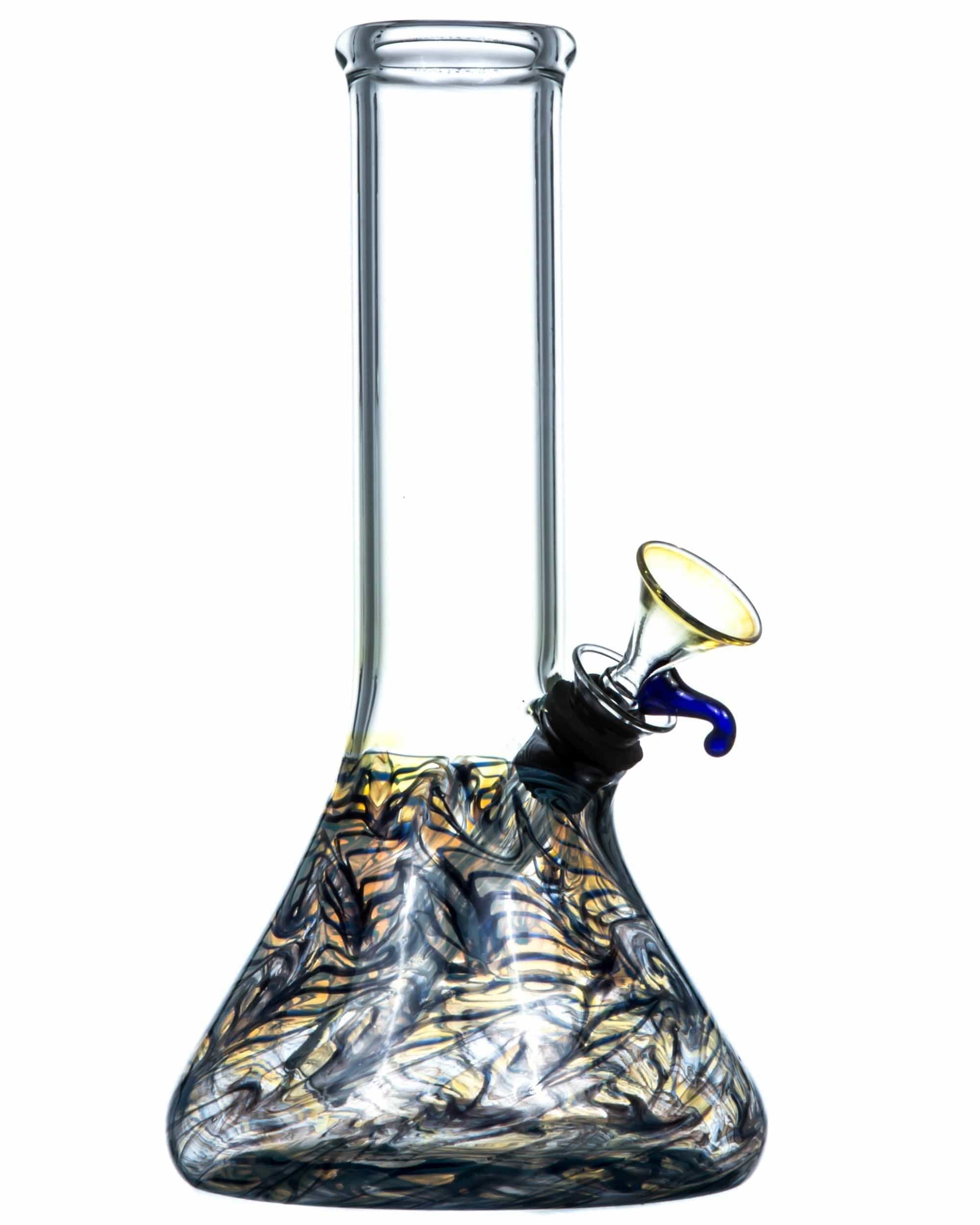 Front view of the 8" Raked Beaker Water Pipe, showcasing a raked glass design with a clear beaker shape. Front view of the 8" Raked Beaker Water Pipe, showcasing a raked glass design with a clear beaker shape.