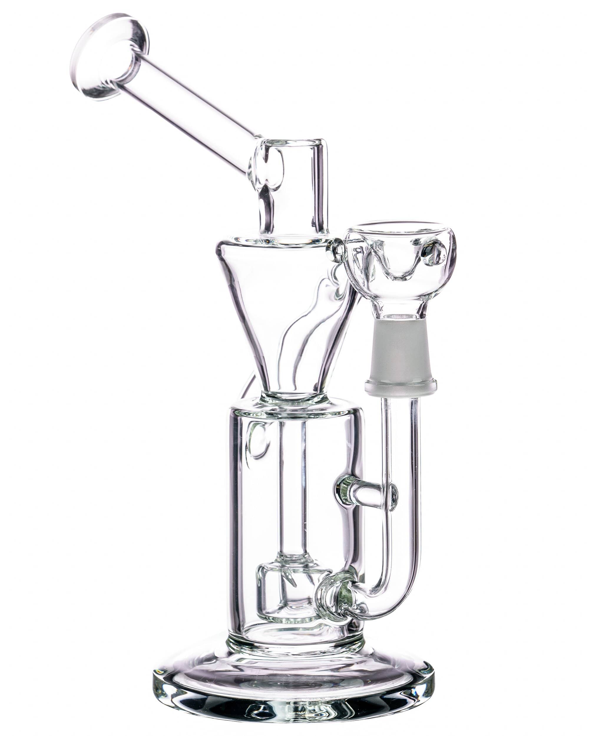 Front view of the Barrel Perc Vortex Recycler, a clear glass water pipe with a complex internal perc structure. Front view of the Barrel Perc Vortex Recycler, a clear glass water pipe with a complex internal perc structure.
