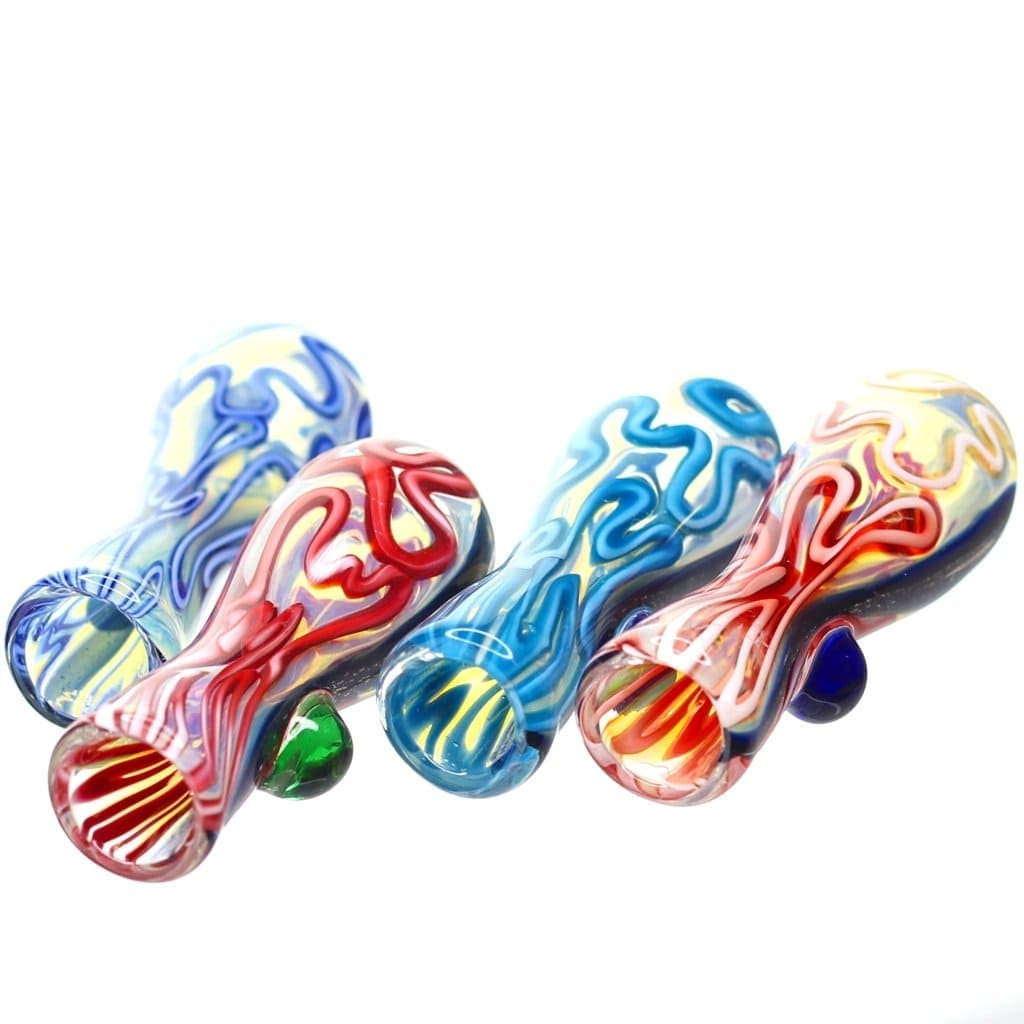 A close-up, angled view of the Brain Fold Chillum Pipe, showcasing its colorful, swirling glass design. A close-up, angled view of the Brain Fold Chillum Pipe, showcasing its colorful, swirling glass design.