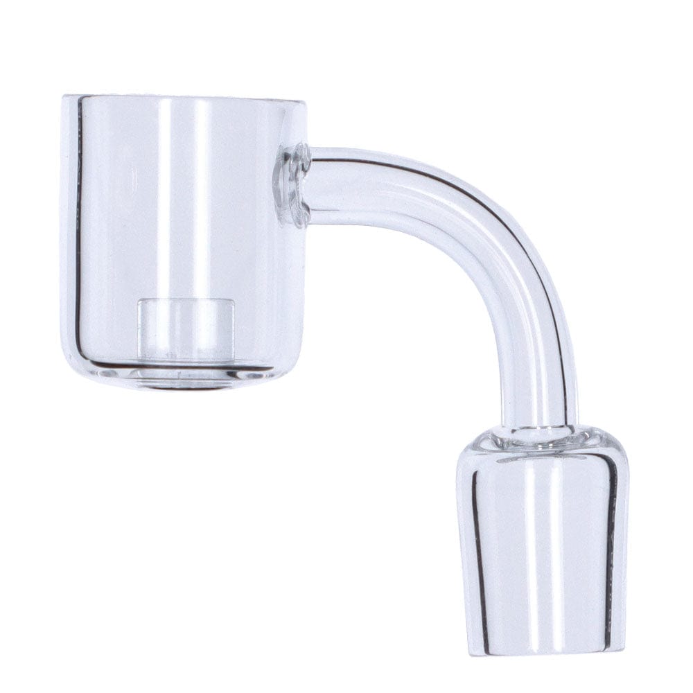 A close-up of the Core Reactor Quartz Banger, showcasing its clear glass construction and curved design from a side angle. A close-up of the Core Reactor Quartz Banger, showcasing its clear glass construction and curved design from a side angle.