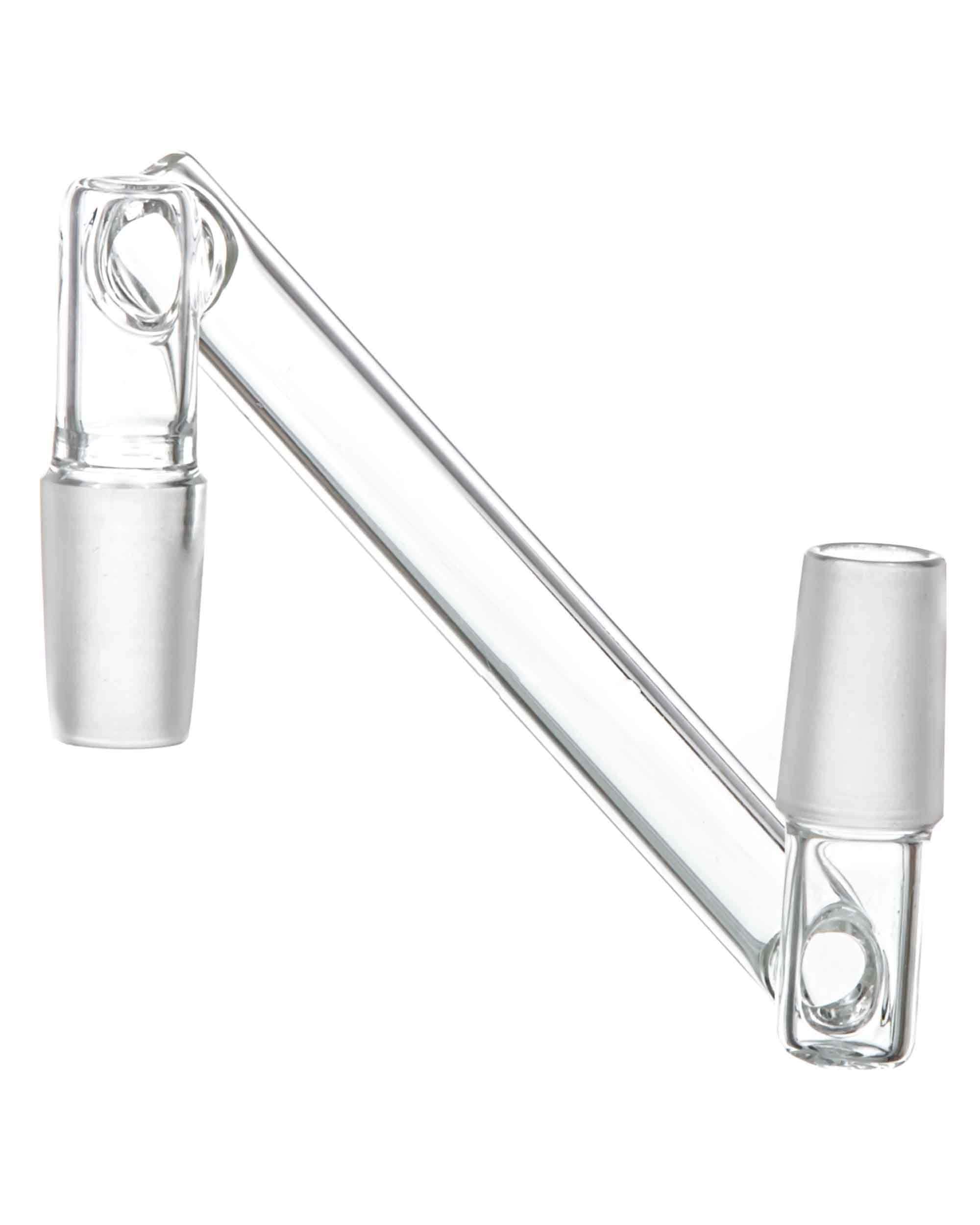 A clear glass Dropdown Adapter angled from upper left to lower right, showcasing its smooth, curved design. A clear glass Dropdown Adapter angled from upper left to lower right, showcasing its smooth, curved design.