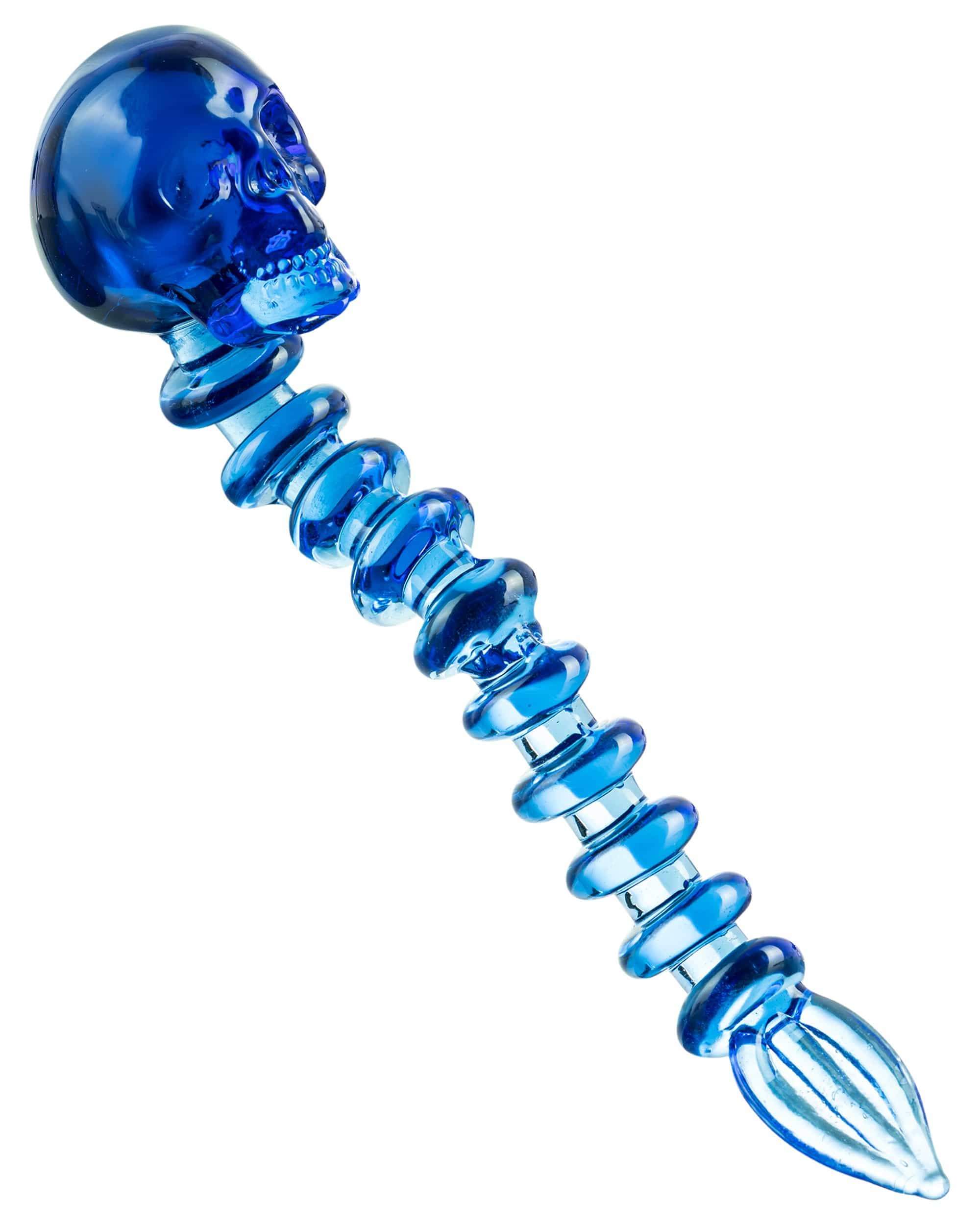 A close-up of the Fatality Dabber, showcasing its blue glass construction and sleek, pointed tip against a plain white background. A close-up of the Fatality Dabber, showcasing its blue glass construction and sleek, pointed tip against a plain white background.