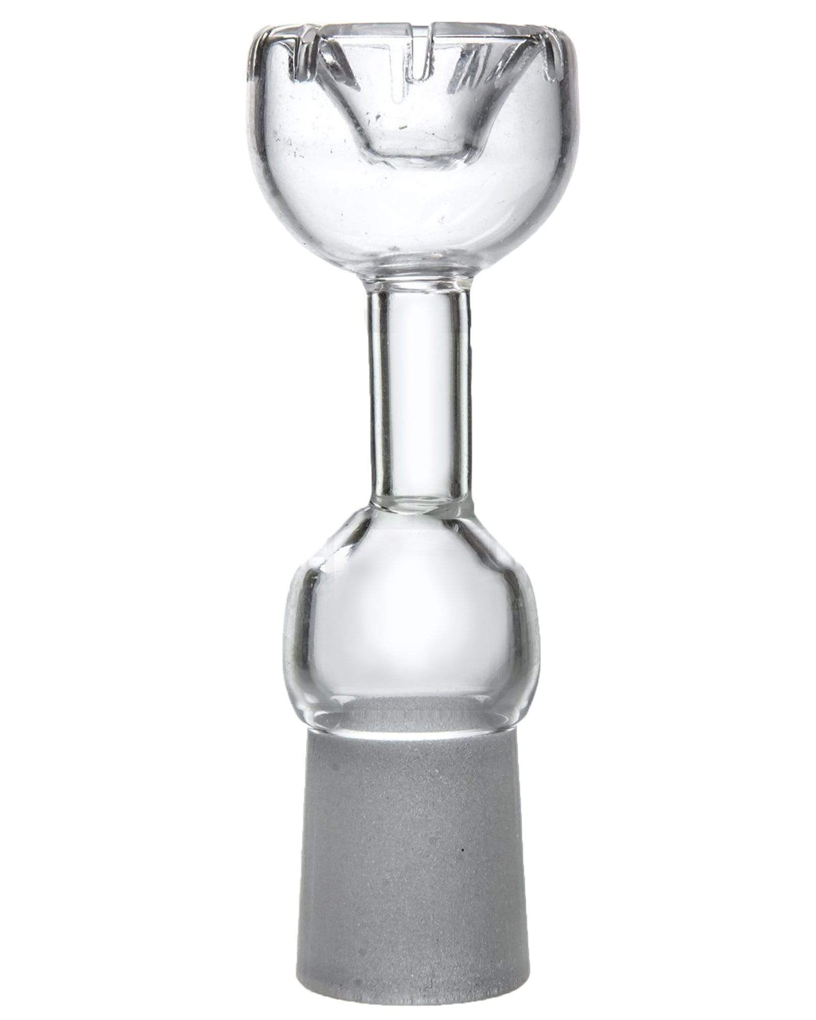 A close-up, angled view of the Female Quartz Daisy Nail, showing its clear glass construction and textured base. A close-up, angled view of the Female Quartz Daisy Nail, showing its clear glass construction and textured base.
