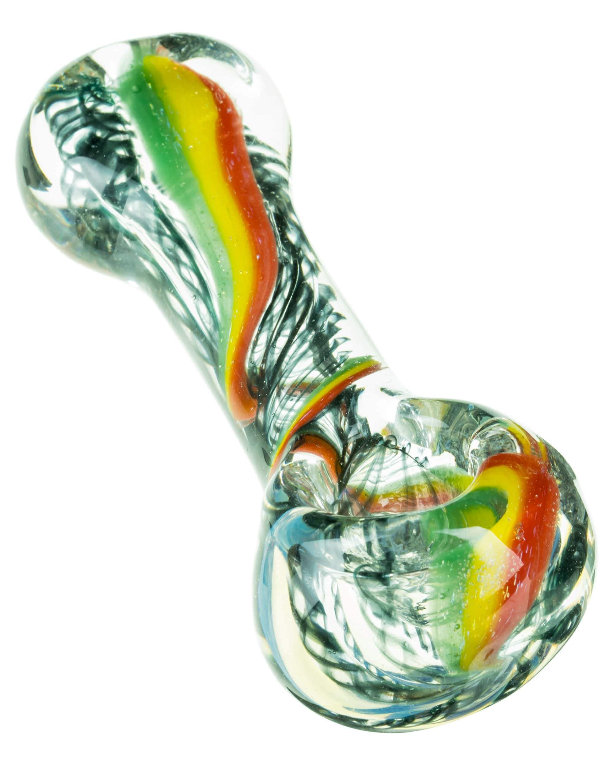 A close-up, angled view of the Flat Mouth Rasta Swirl Spoon Pipe, showcasing its colorful swirl pattern in clear glass. A close-up, angled view of the Flat Mouth Rasta Swirl Spoon Pipe, showcasing its colorful swirl pattern in clear glass.