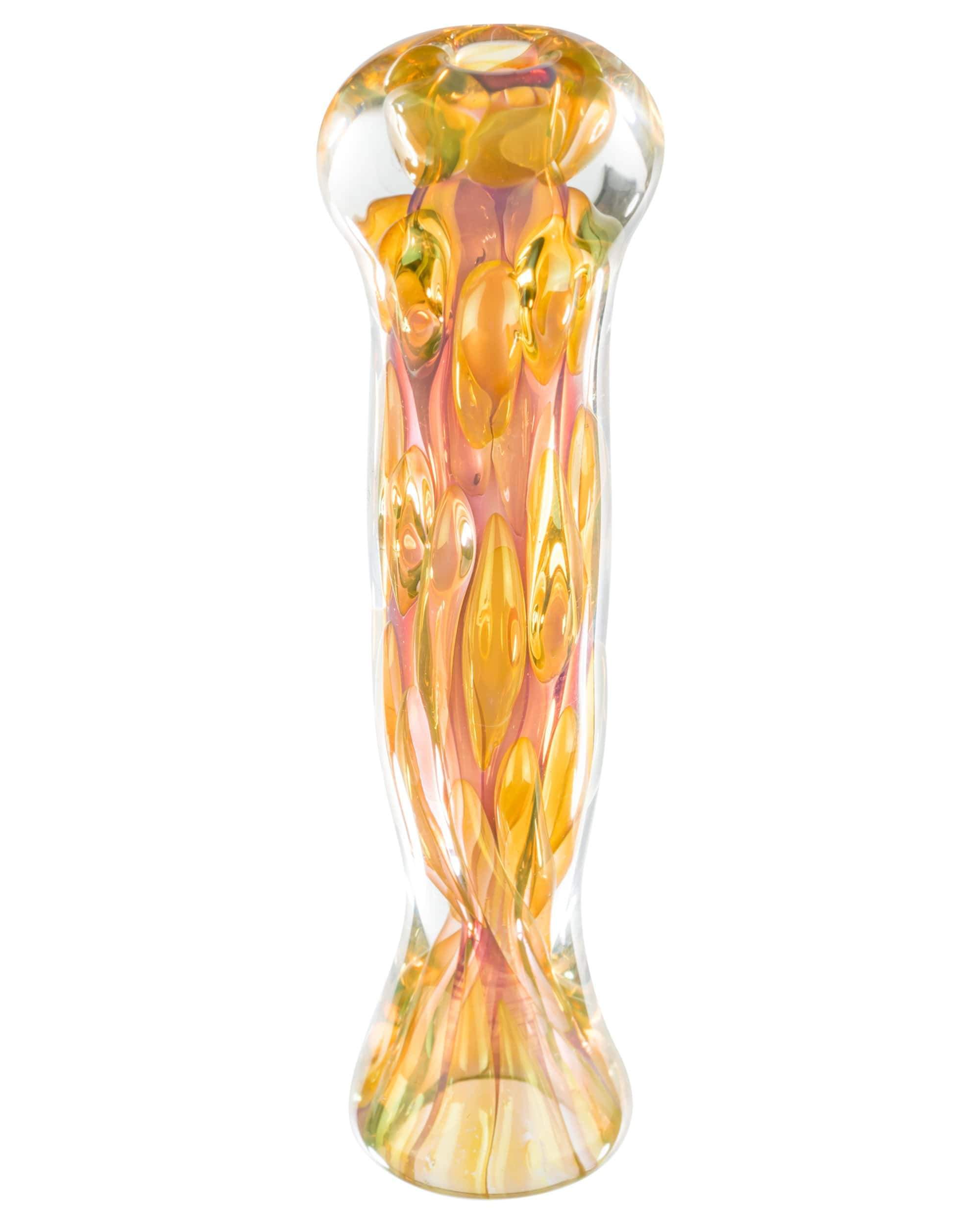 Front view of the Fumed Bubble Chillum, a glass piece with swirling, smoky patterns against a plain white background. Front view of the Fumed Bubble Chillum, a glass piece with swirling, smoky patterns against a plain white background.