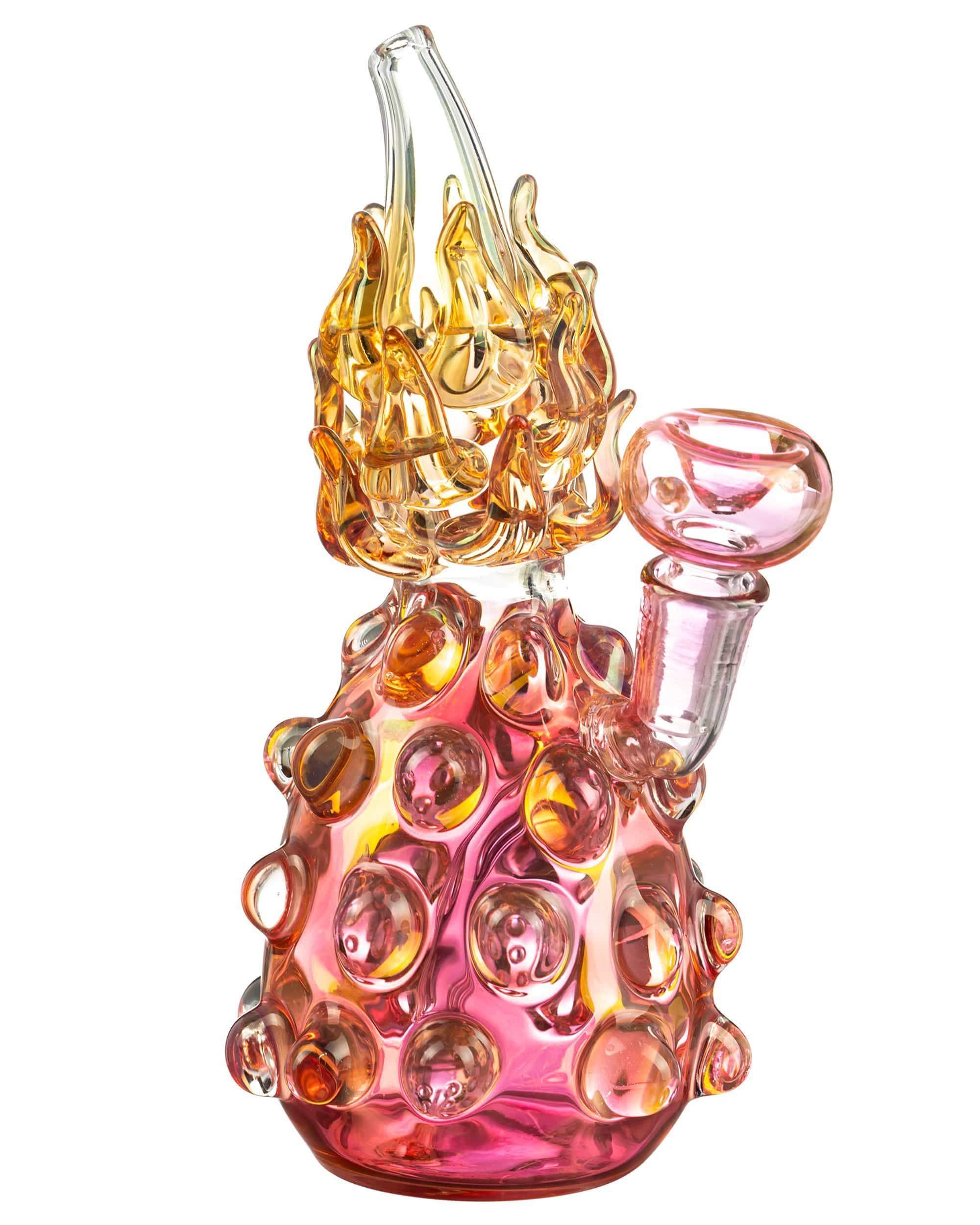 A front view of the Funky Pineapple Bong, featuring a textured, golden-yellow glass design resembling a pineapple. A front view of the Funky Pineapple Bong, featuring a textured, golden-yellow glass design resembling a pineapple.