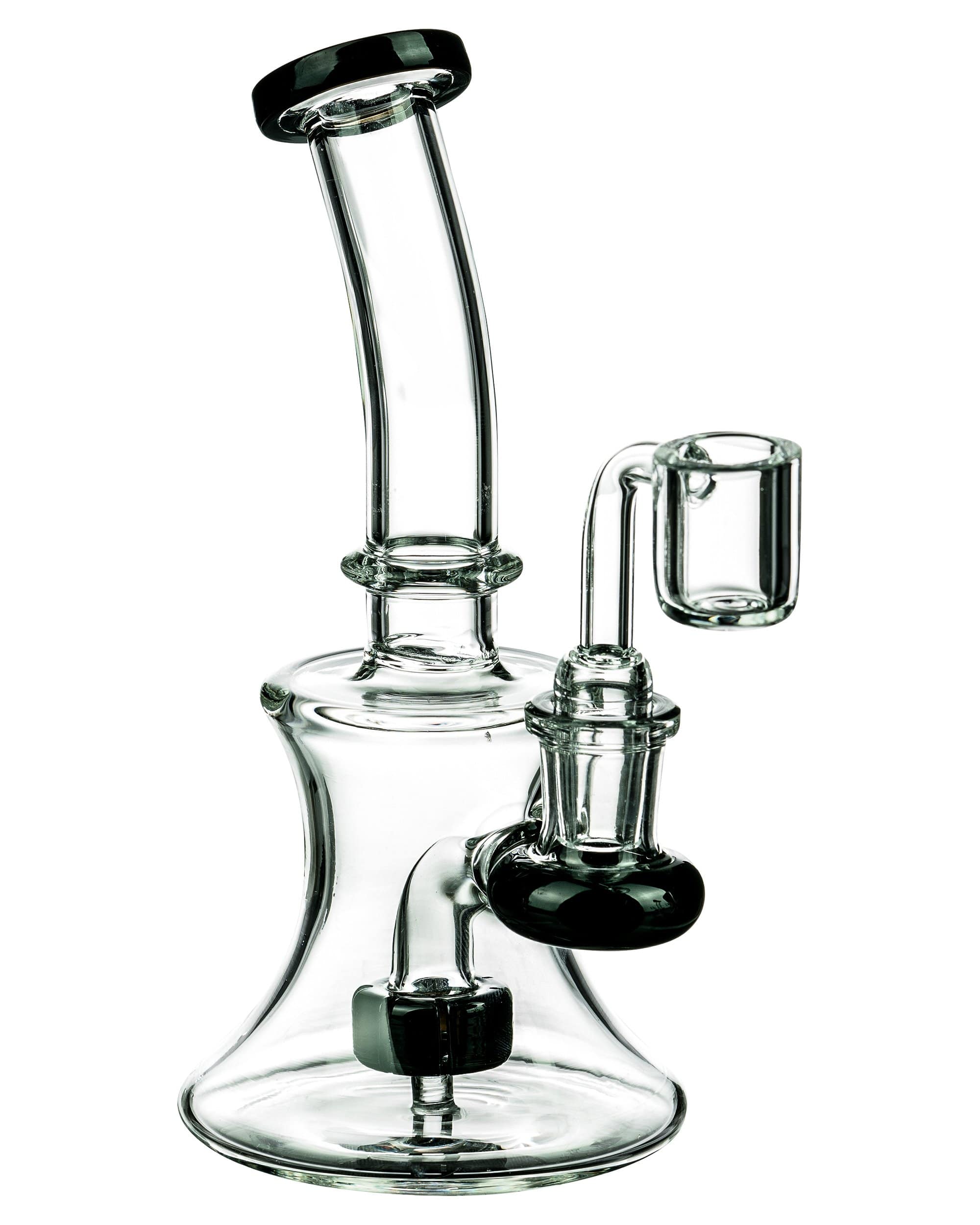 A front view of the Hourglass Dab Rig With Colored Accents, showcasing its clear glass construction and unique shape. A front view of the Hourglass Dab Rig With Colored Accents, showcasing its clear glass construction and unique shape.