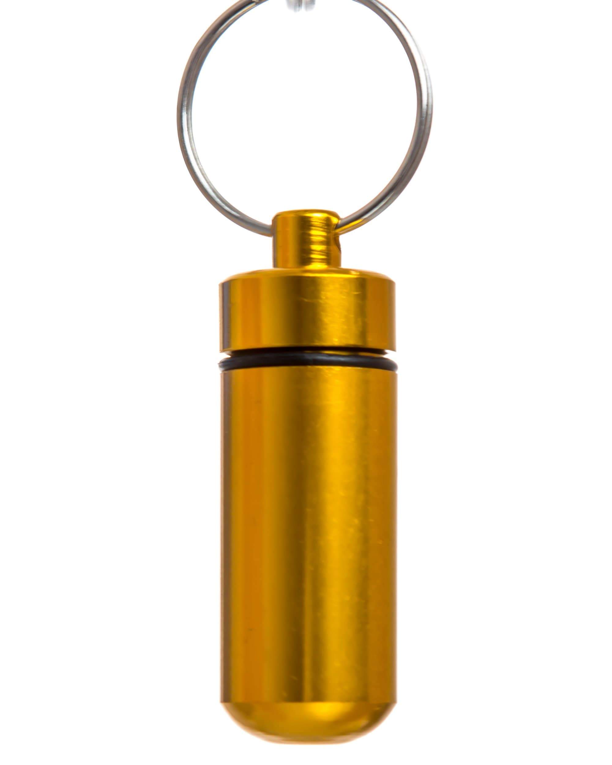 Close-up, angled view of the Key Chain Stash Jar, a metallic container with a screw-on lid and a keyring attachment. Close-up, angled view of the Key Chain Stash Jar, a metallic container with a screw-on lid and a keyring attachment.
