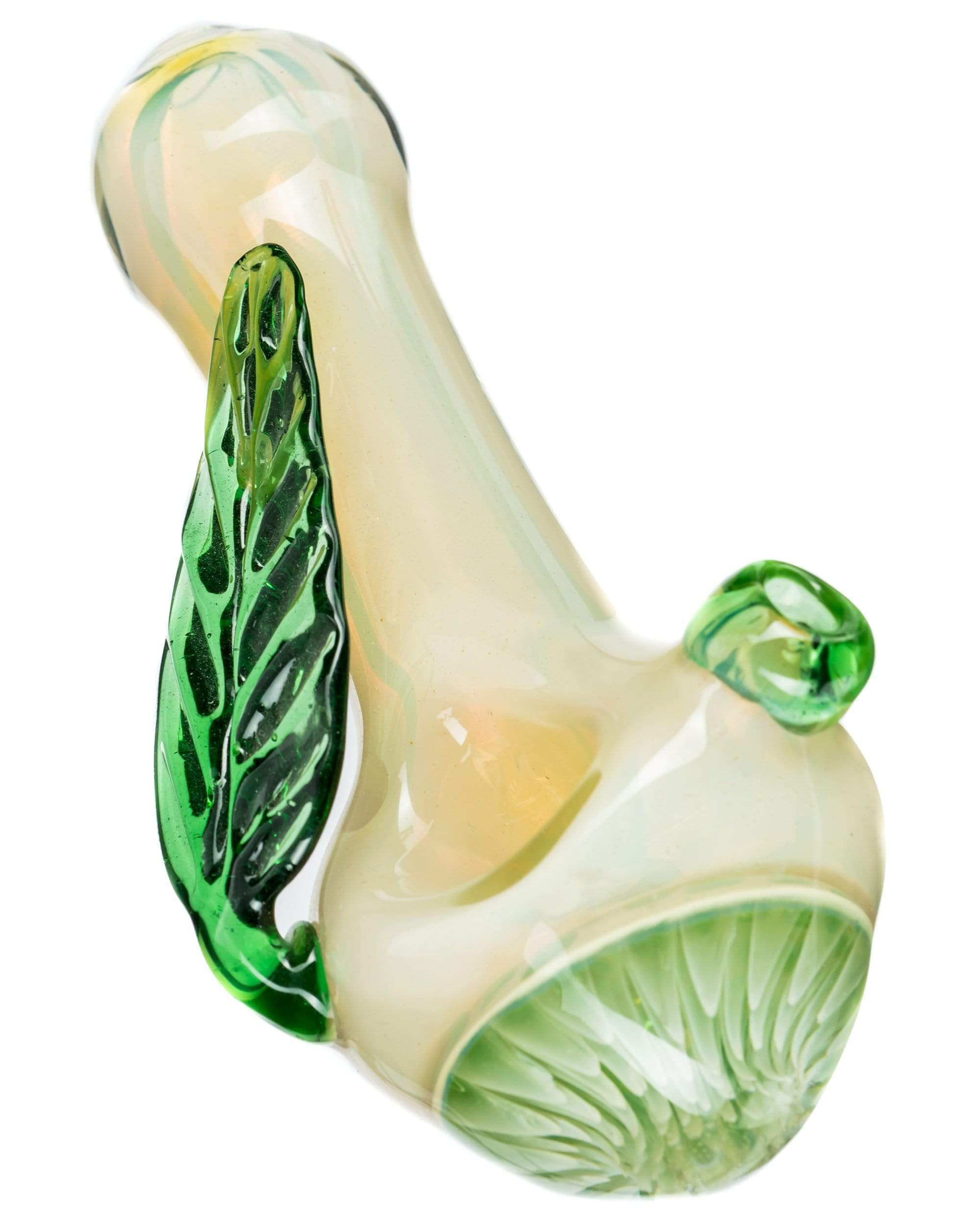 A side view of the Leafy Green Mushroom Milli Spoon Pipe, showcasing its green, mushroom-shaped bowl and smooth glass construction. A side view of the Leafy Green Mushroom Milli Spoon Pipe, showcasing its green, mushroom-shaped bowl and smooth glass construction.