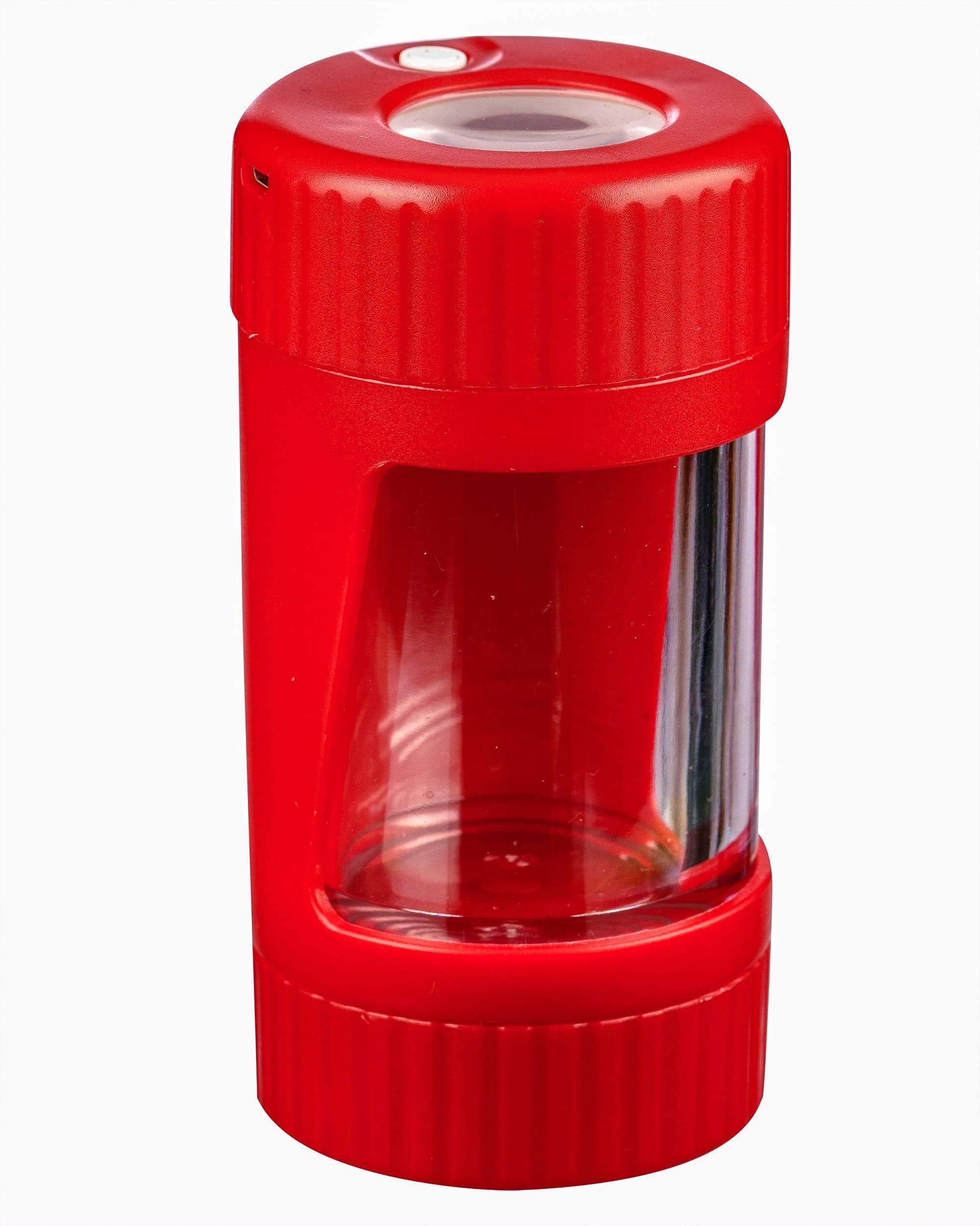 Front view of the LED Viewing Chamber Stash Jar and Grinder, a red container with a clear viewing window and textured grip. Front view of the LED Viewing Chamber Stash Jar and Grinder, a red container with a clear viewing window and textured grip.
