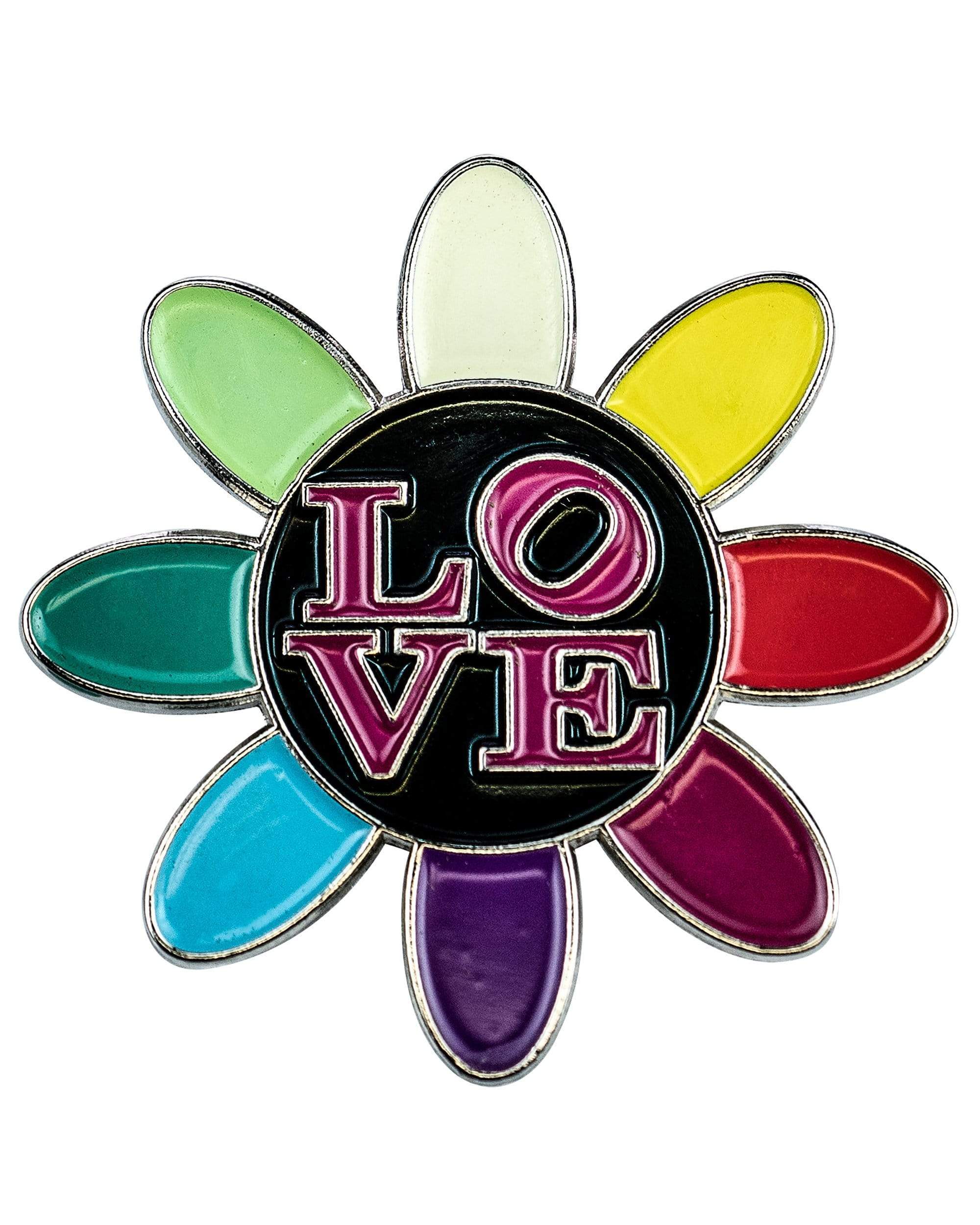 A close-up of the Love Daisy Metal Pin, featuring a colorful, floral arrangement with petal-shaped segments. A close-up of the Love Daisy Metal Pin, featuring a colorful, floral arrangement with petal-shaped segments.