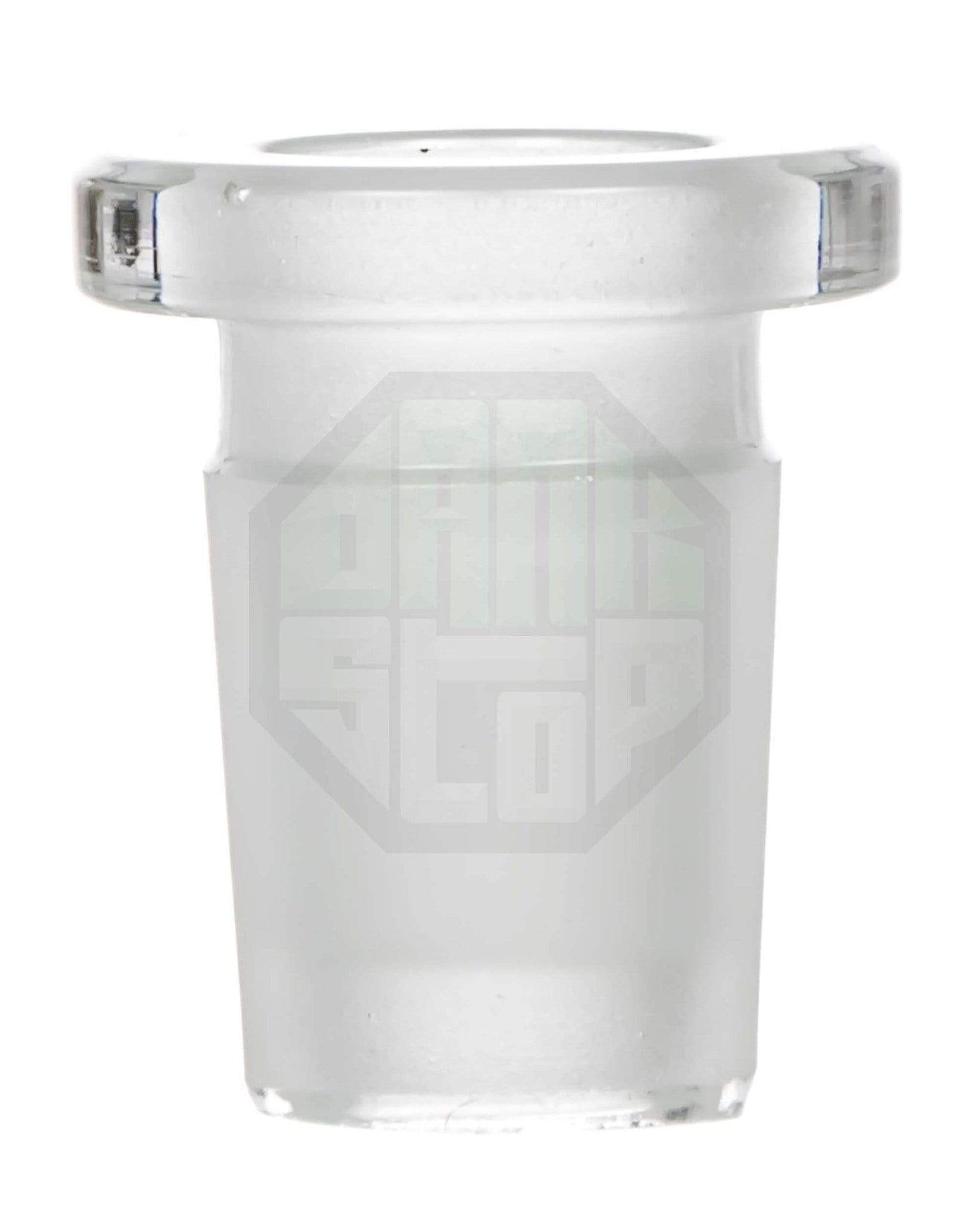 Front view of the Low Profile Adapter For Female Joint, a clear glass component with a simple, cylindrical design. Front view of the Low Profile Adapter For Female Joint, a clear glass component with a simple, cylindrical design.