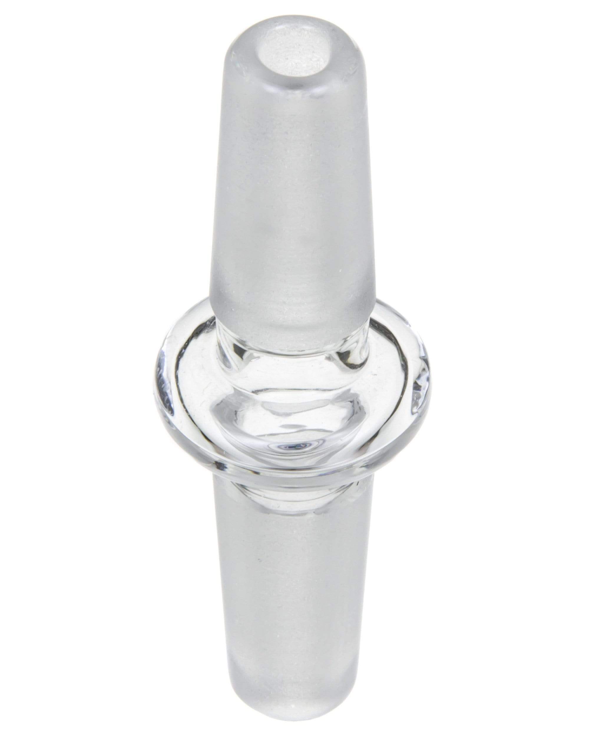 A close-up, angled view of the Male to Male Glass Adapter, showing its clear glass construction and simple, cylindrical form. A close-up, angled view of the Male to Male Glass Adapter, showing its clear glass construction and simple, cylindrical form.