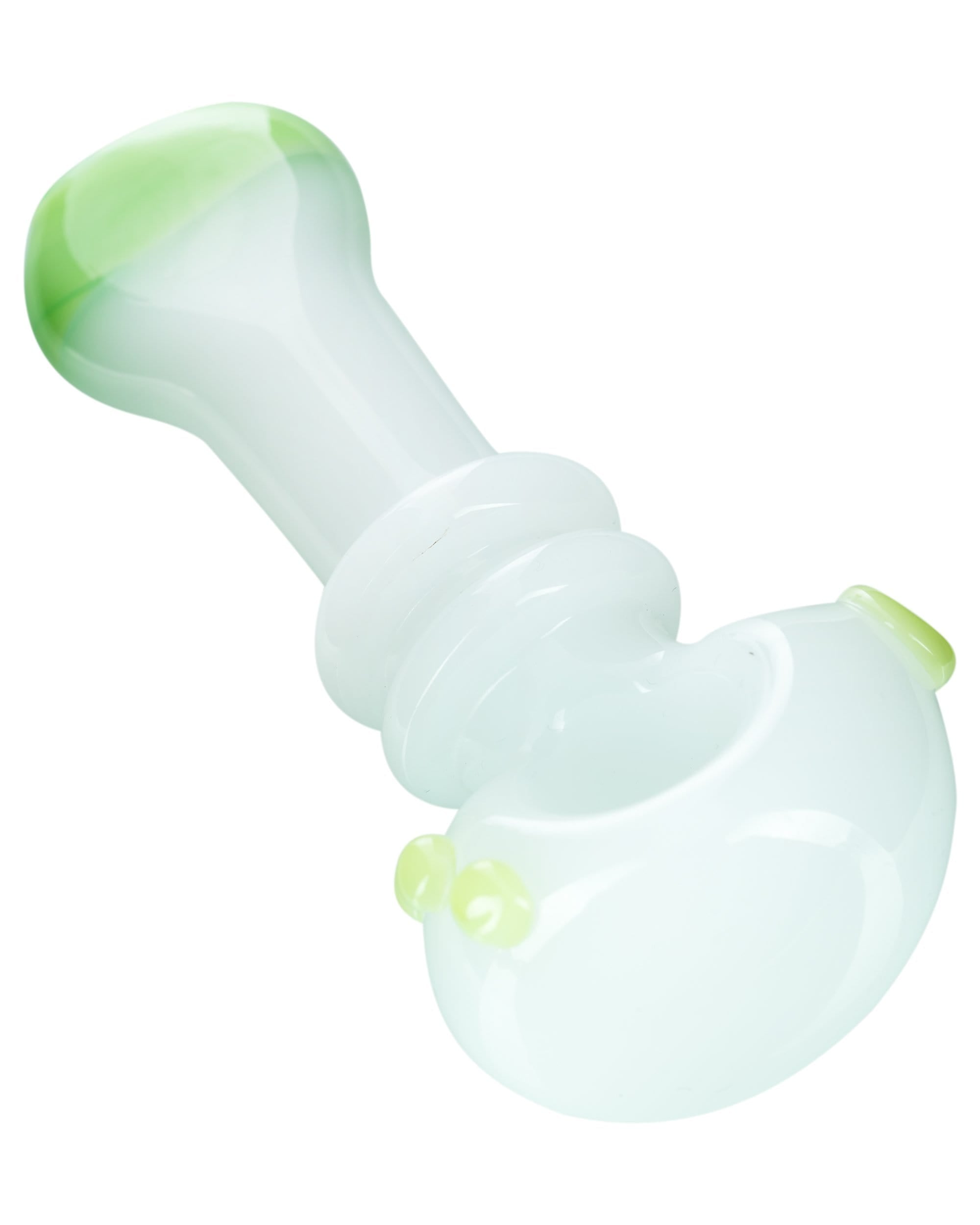 A three-quarter view of the Maria Ring Spoon Pipe, showcasing its curved design and smooth, clear glass construction. A three-quarter view of the Maria Ring Spoon Pipe, showcasing its curved design and smooth, clear glass construction.