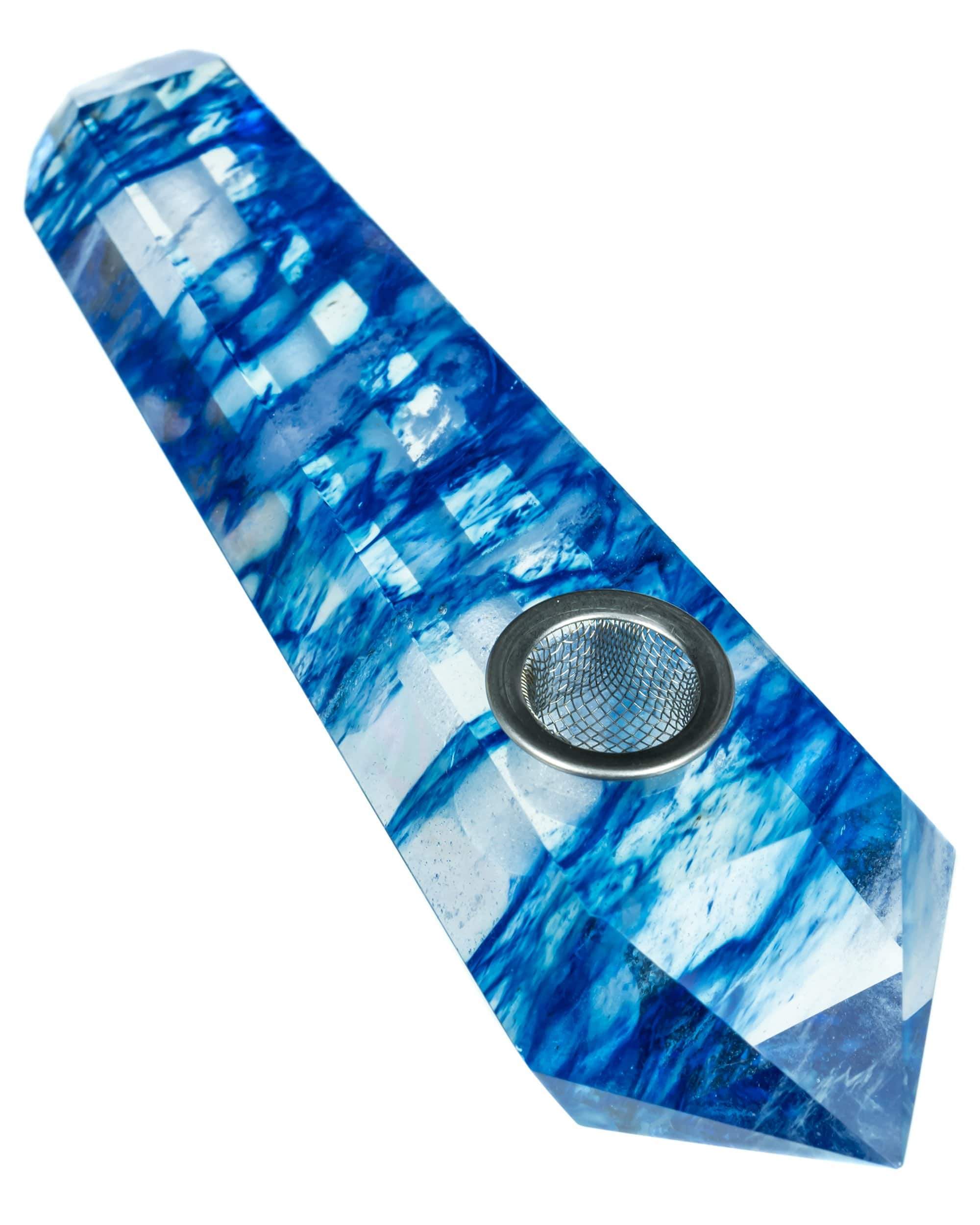 Front view of the Melted Quartz Stone Pipe, showing a marbled blue and white stone texture with a visible bowl. Front view of the Melted Quartz Stone Pipe, showing a marbled blue and white stone texture with a visible bowl.