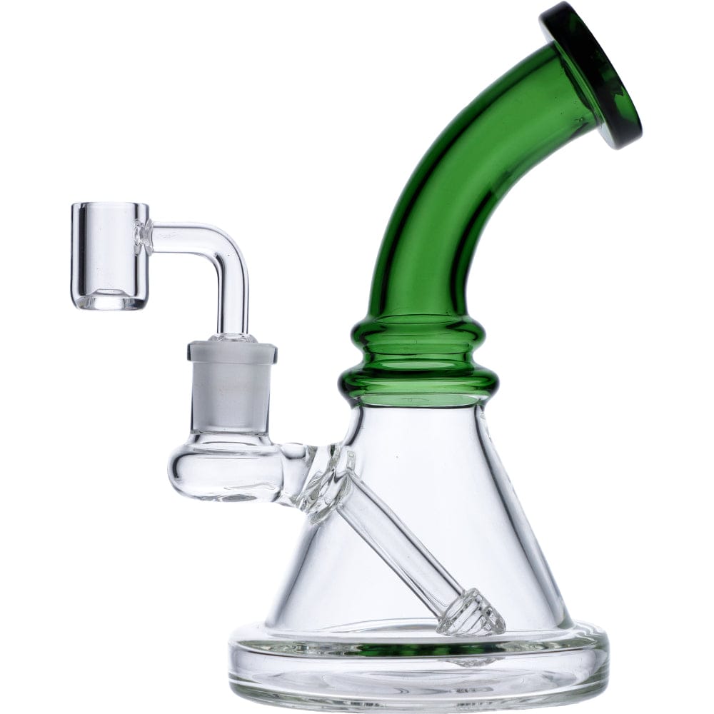 Front view of the 7" Mini Bent Neck Waterpipe, showcasing its clear glass construction and curved neck design. Front view of the 7" Mini Bent Neck Waterpipe, showcasing its clear glass construction and curved neck design.
