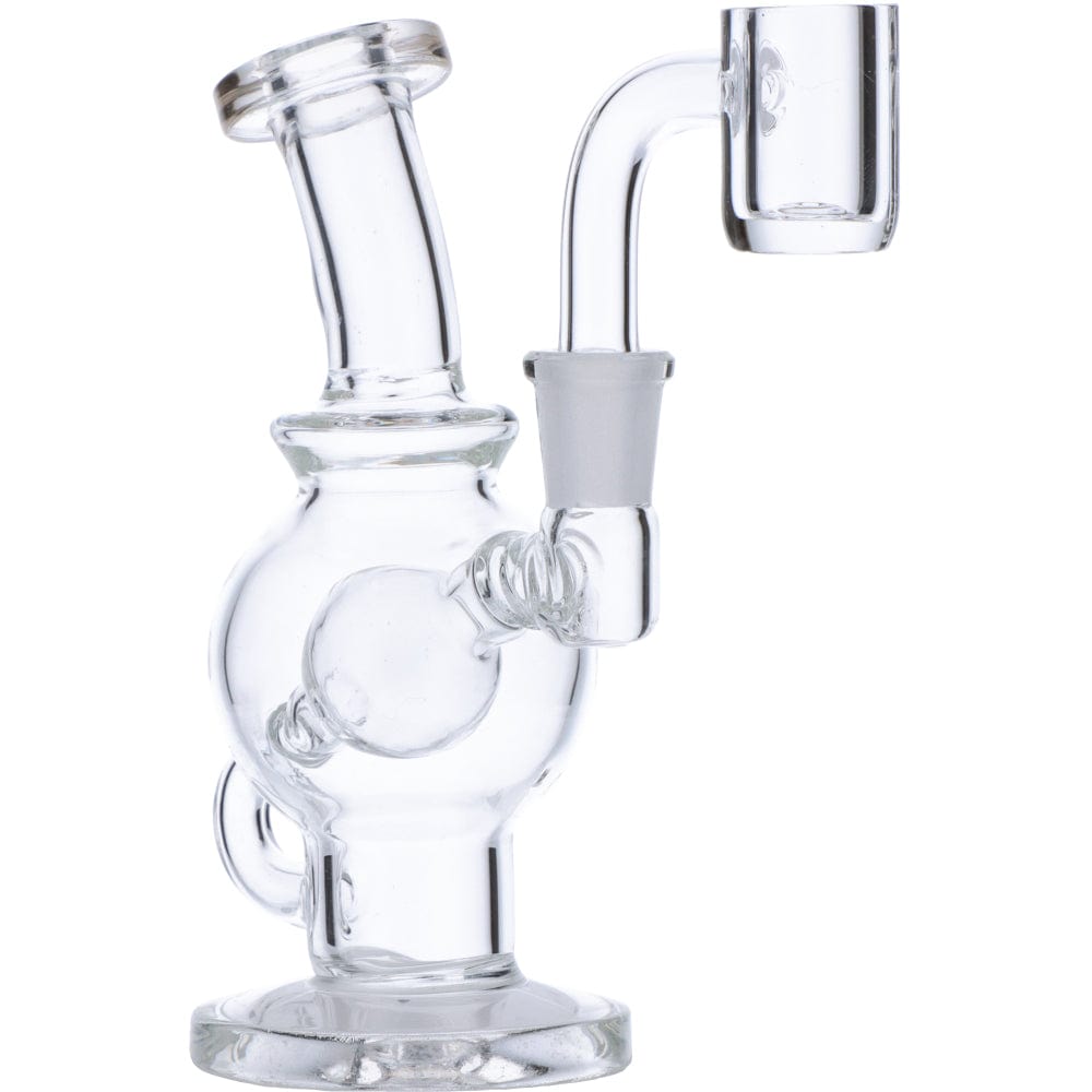 A three-quarter view of the Mini Clear Bent Neck Dab Rig, showcasing its clear glass construction and curved neck design. A three-quarter view of the Mini Clear Bent Neck Dab Rig, showcasing its clear glass construction and curved neck design.