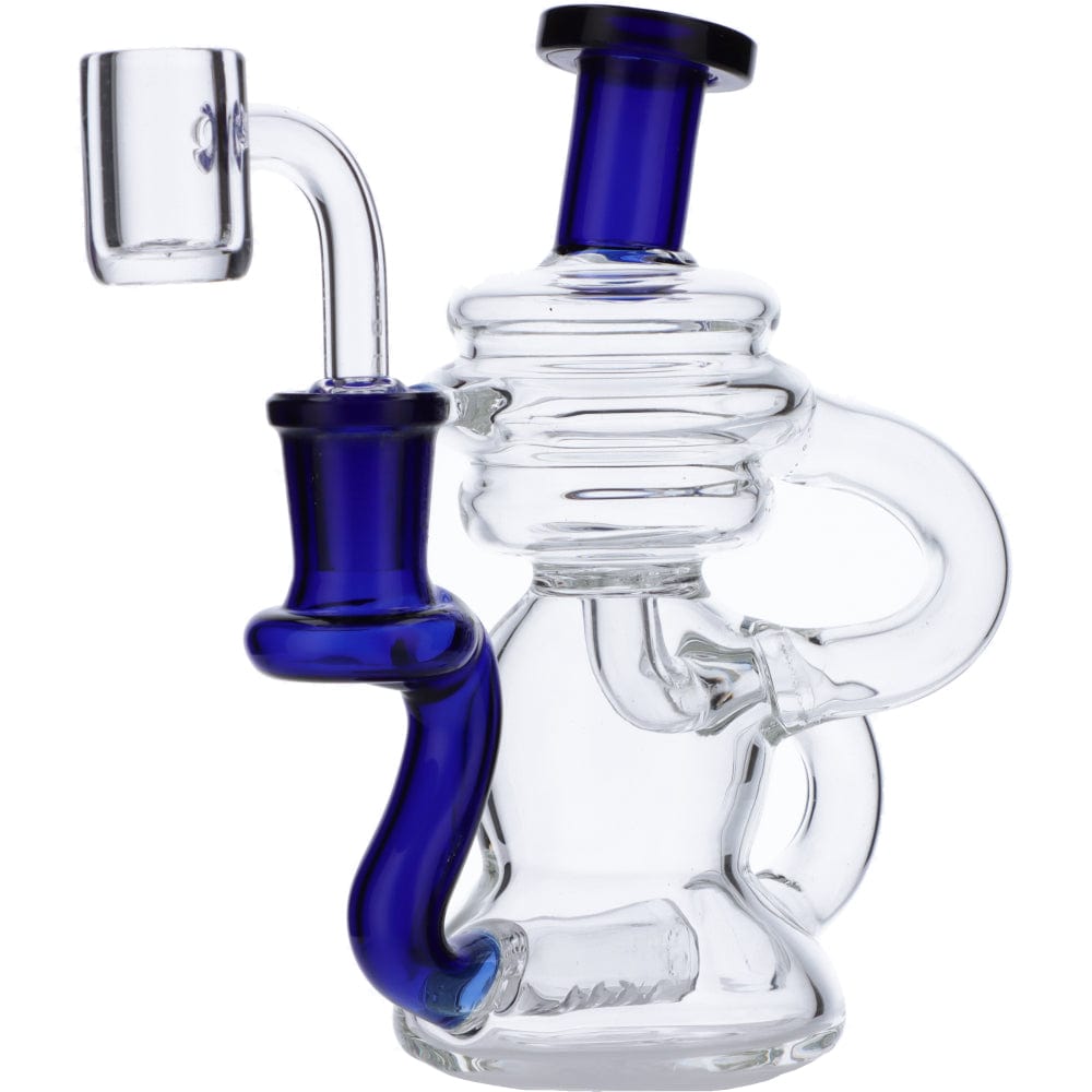 A close-up, angled view of the Mini Recycler Dab Rig, showing its clear glass construction and unique bubbler design. A close-up, angled view of the Mini Recycler Dab Rig, showing its clear glass construction and unique bubbler design.