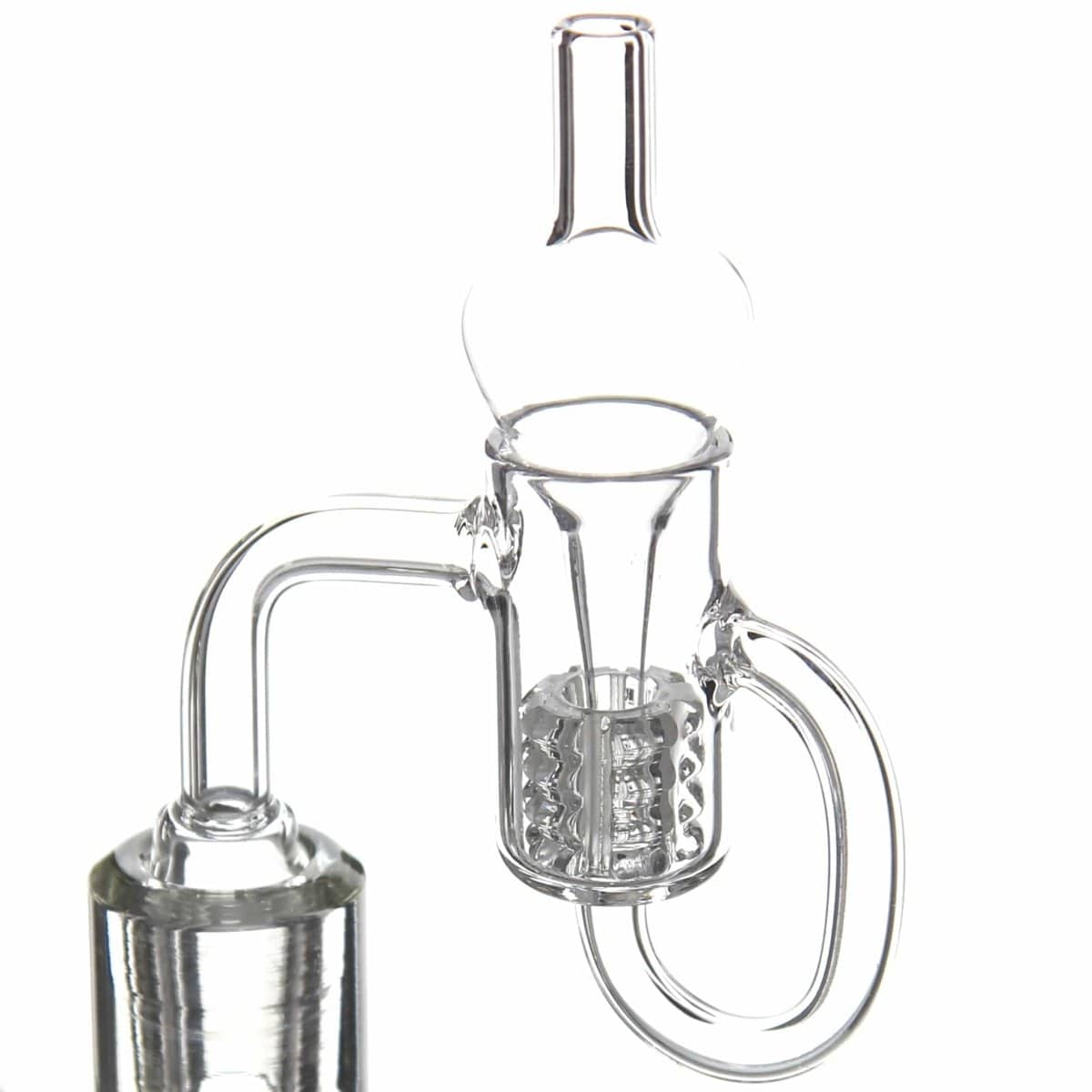 A close-up view of the Premium Quartz Recycler Banger Set, showcasing its cylindrical quartz design and internal structure. A close-up view of the Premium Quartz Recycler Banger Set, showcasing its cylindrical quartz design and internal structure.