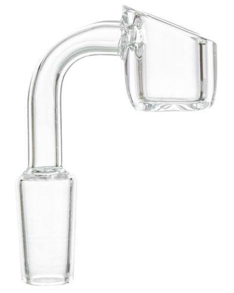 A close-up, angled view of the Quartz Banger Nail Bundle (Male) with a polished, clear quartz bowl. A close-up, angled view of the Quartz Banger Nail Bundle (Male) with a polished, clear quartz bowl.