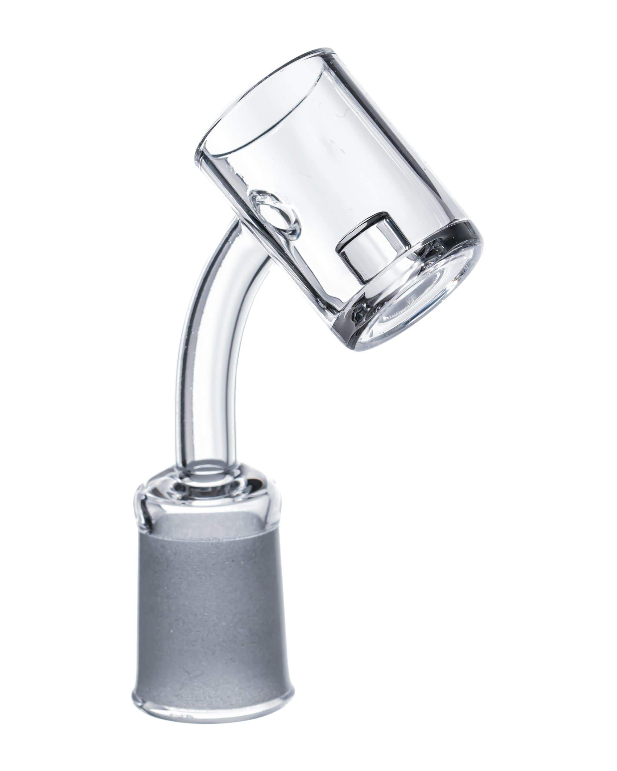A close-up, angled view of the Quartz Core Reactor Banger Nail, showcasing its clear quartz construction and cylindrical shape. A close-up, angled view of the Quartz Core Reactor Banger Nail, showcasing its clear quartz construction and cylindrical shape.