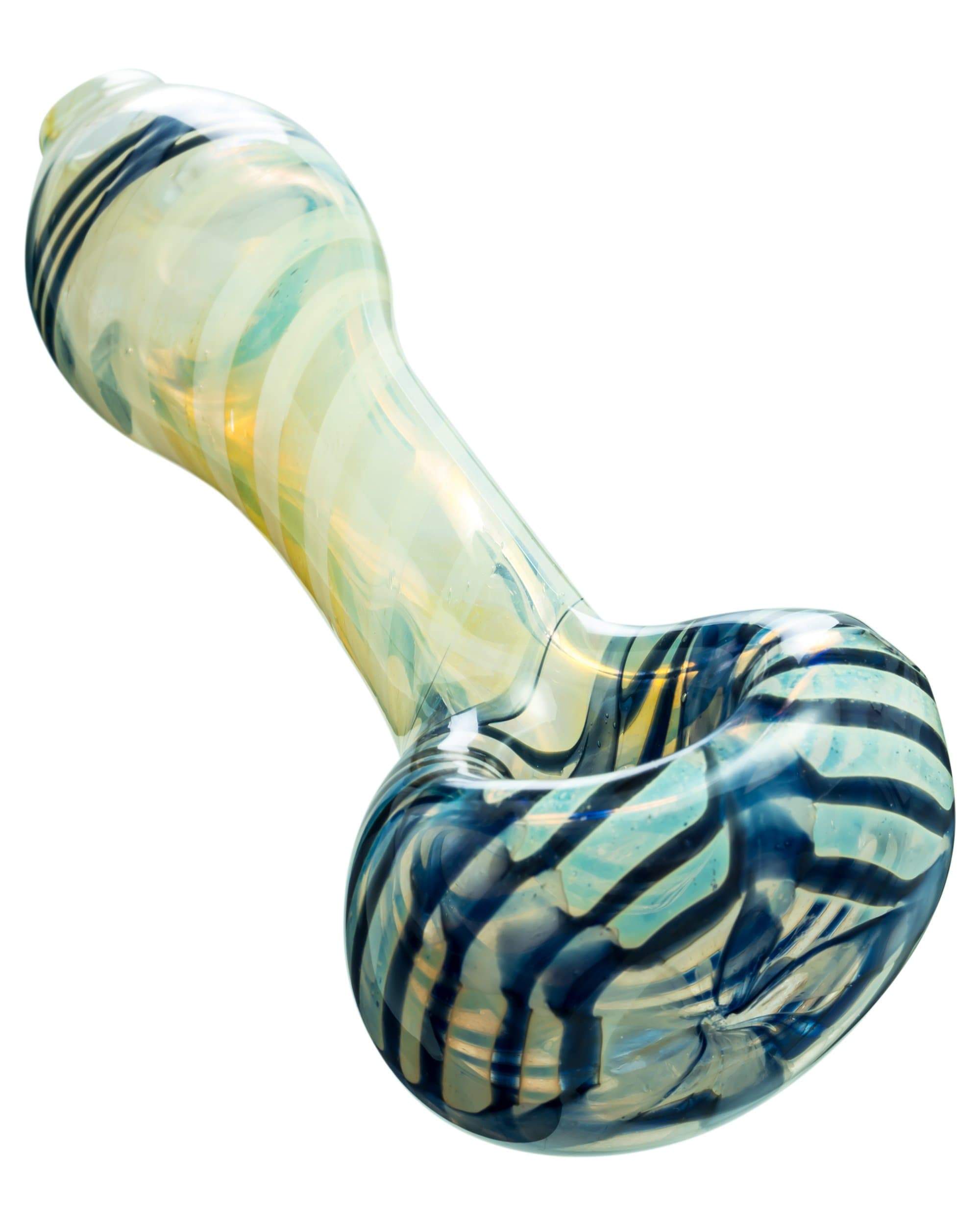 A close-up, angled view of the Raked Face Spiral Fumed Spoon Pipe, showcasing its swirled glass pattern and curved shape. A close-up, angled view of the Raked Face Spiral Fumed Spoon Pipe, showcasing its swirled glass pattern and curved shape.