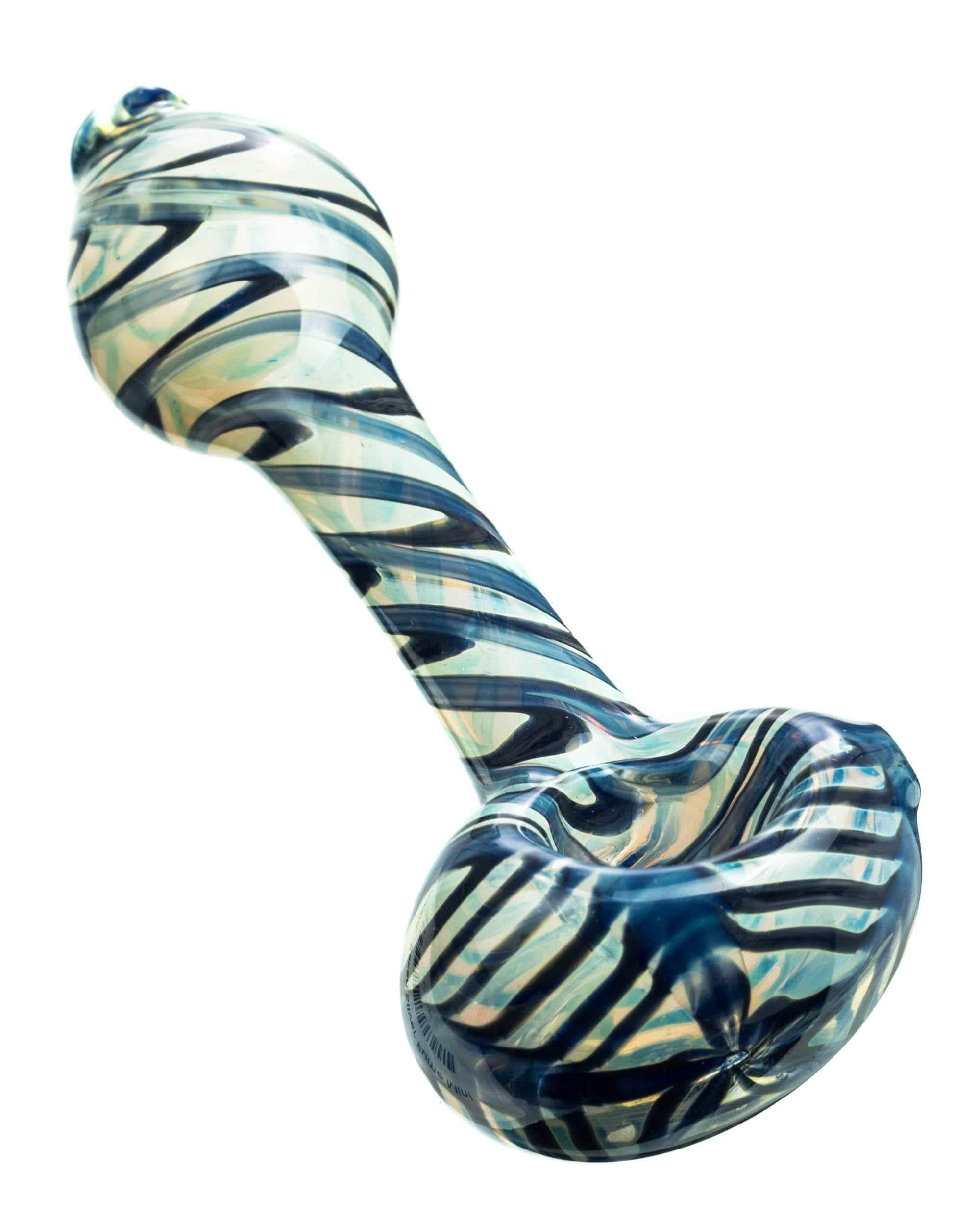 Front view of the Raked Silver Fumed Mini Spoon Pipe, showcasing its swirling silver and blue glass design. Front view of the Raked Silver Fumed Mini Spoon Pipe, showcasing its swirling silver and blue glass design.