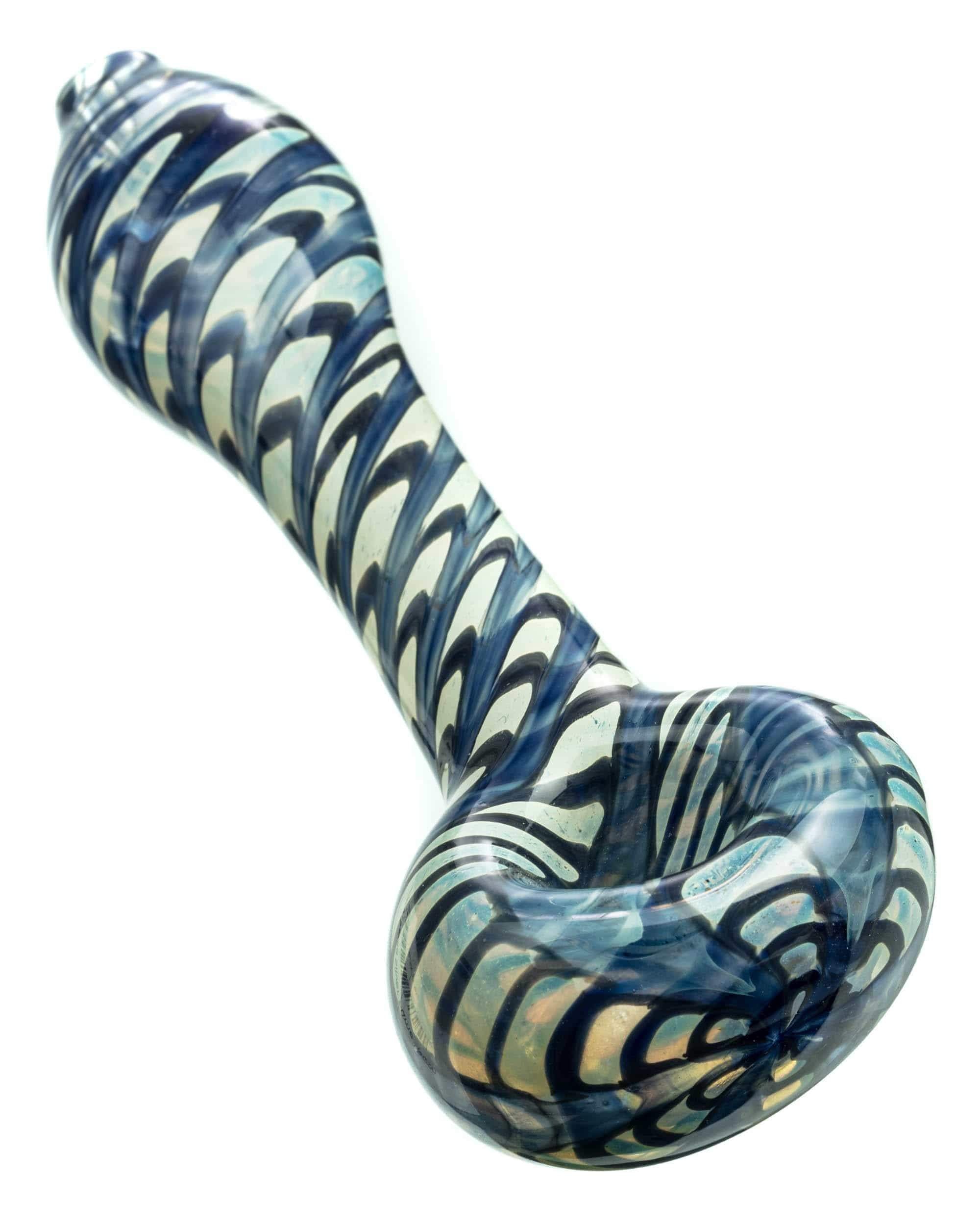 Front view of the Raked Silver Fumed Spoon Pipe, a glass pipe with swirling silver and blue patterns. Front view of the Raked Silver Fumed Spoon Pipe, a glass pipe with swirling silver and blue patterns.