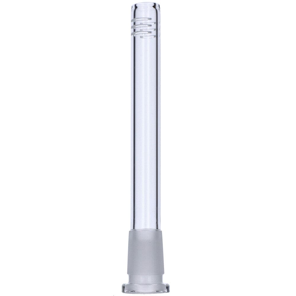 A straight view of the 4.5-inch Replacement Downstem, showing its clear glass construction and simple cylindrical shape. A straight view of the 4.5-inch Replacement Downstem, showing its clear glass construction and simple cylindrical shape.