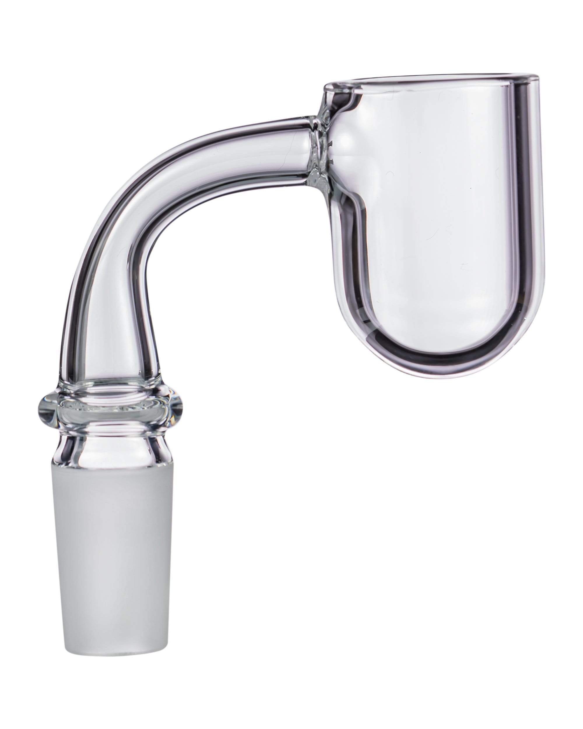 A close-up, angled view of the Rounded Quartz Banger, showcasing its clear quartz construction and curved design. A close-up, angled view of the Rounded Quartz Banger, showcasing its clear quartz construction and curved design.