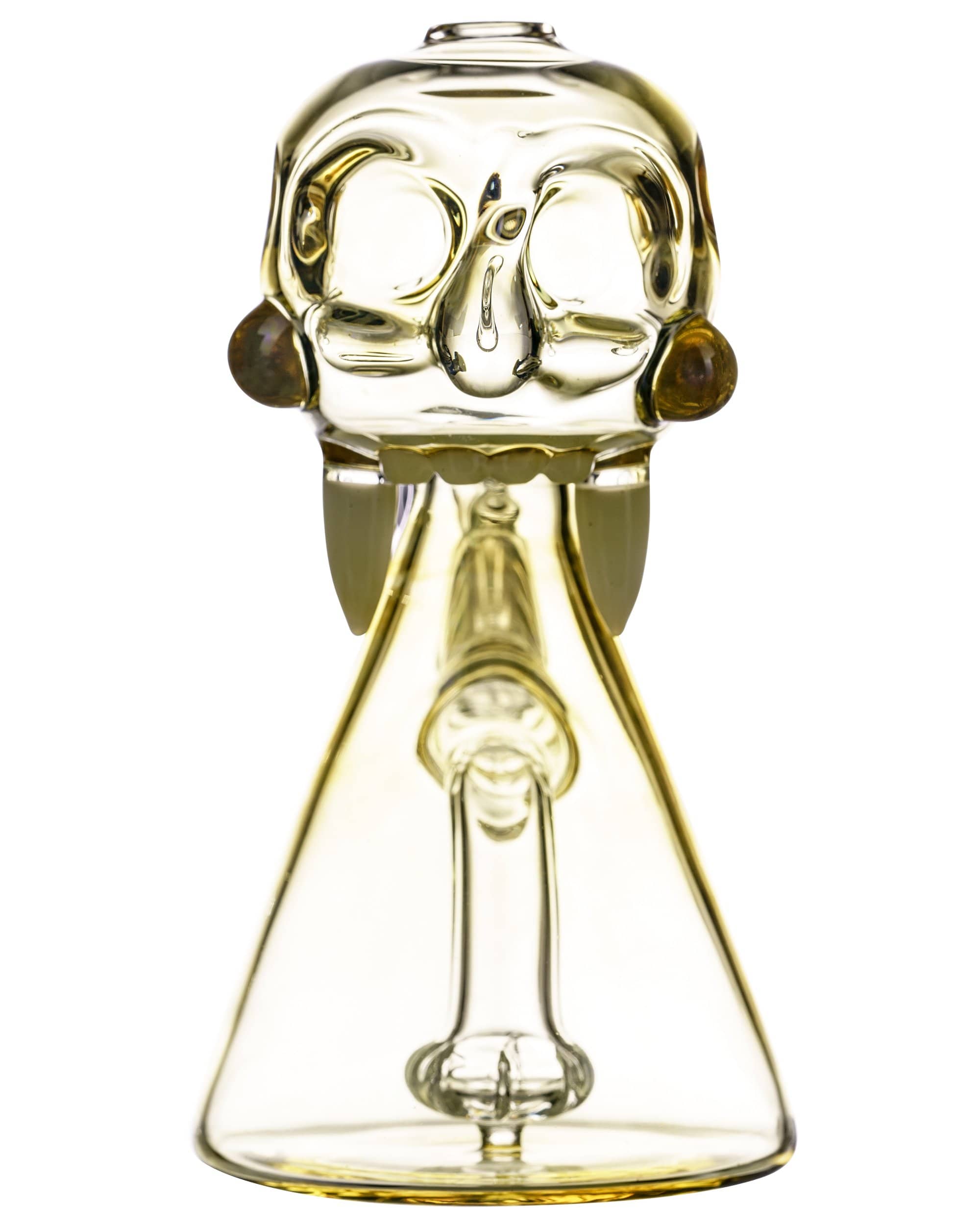 Front view of the “Sabertooth Monster” waterpipe, a clear glass piece with a unique, tooth-like design. Front view of the “Sabertooth Monster” waterpipe, a clear glass piece with a unique, tooth-like design.