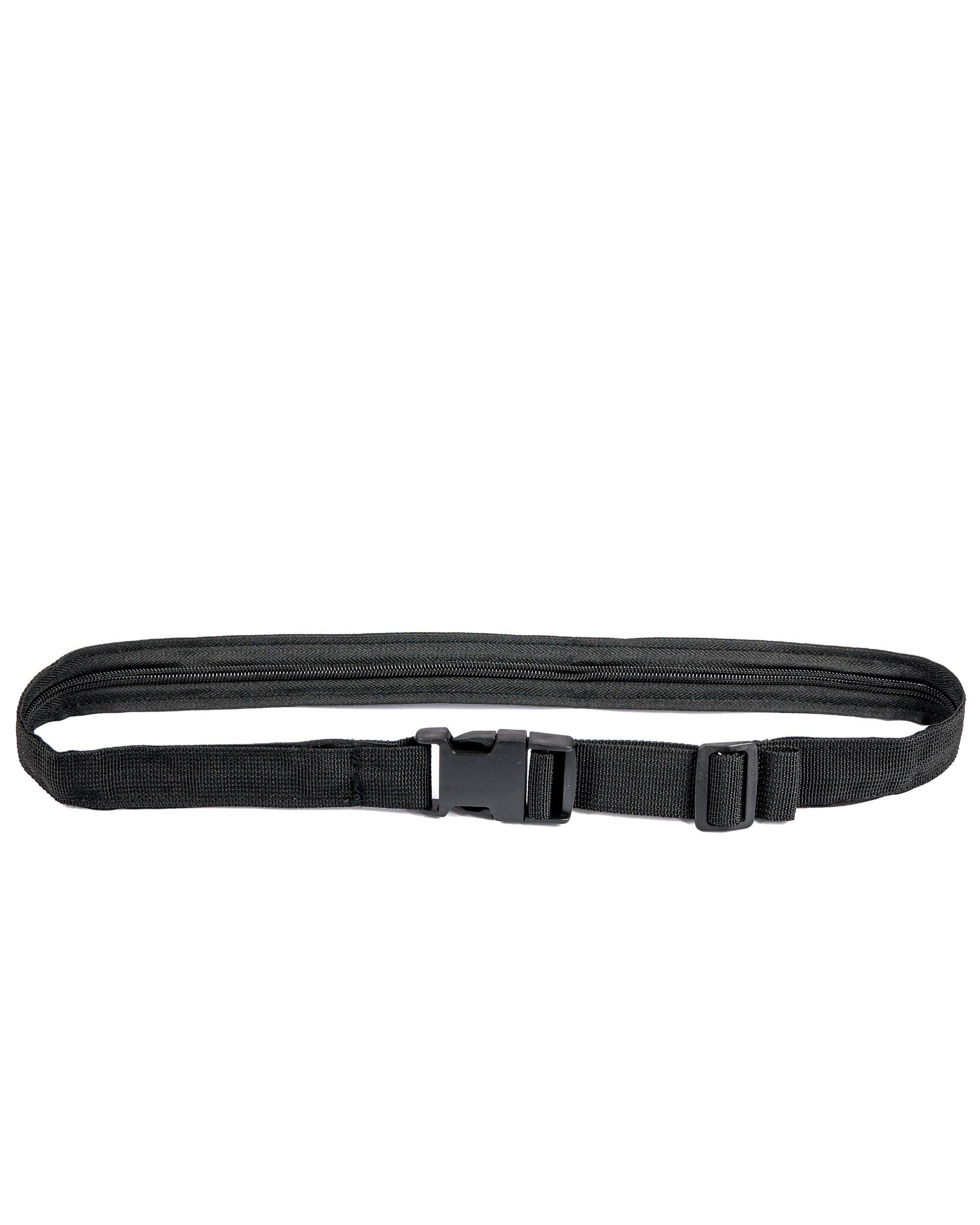 Front view of the Secret Stash Belt, a black nylon strap with a buckle closure, laying flat on a white background. Front view of the Secret Stash Belt, a black nylon strap with a buckle closure, laying flat on a white background.