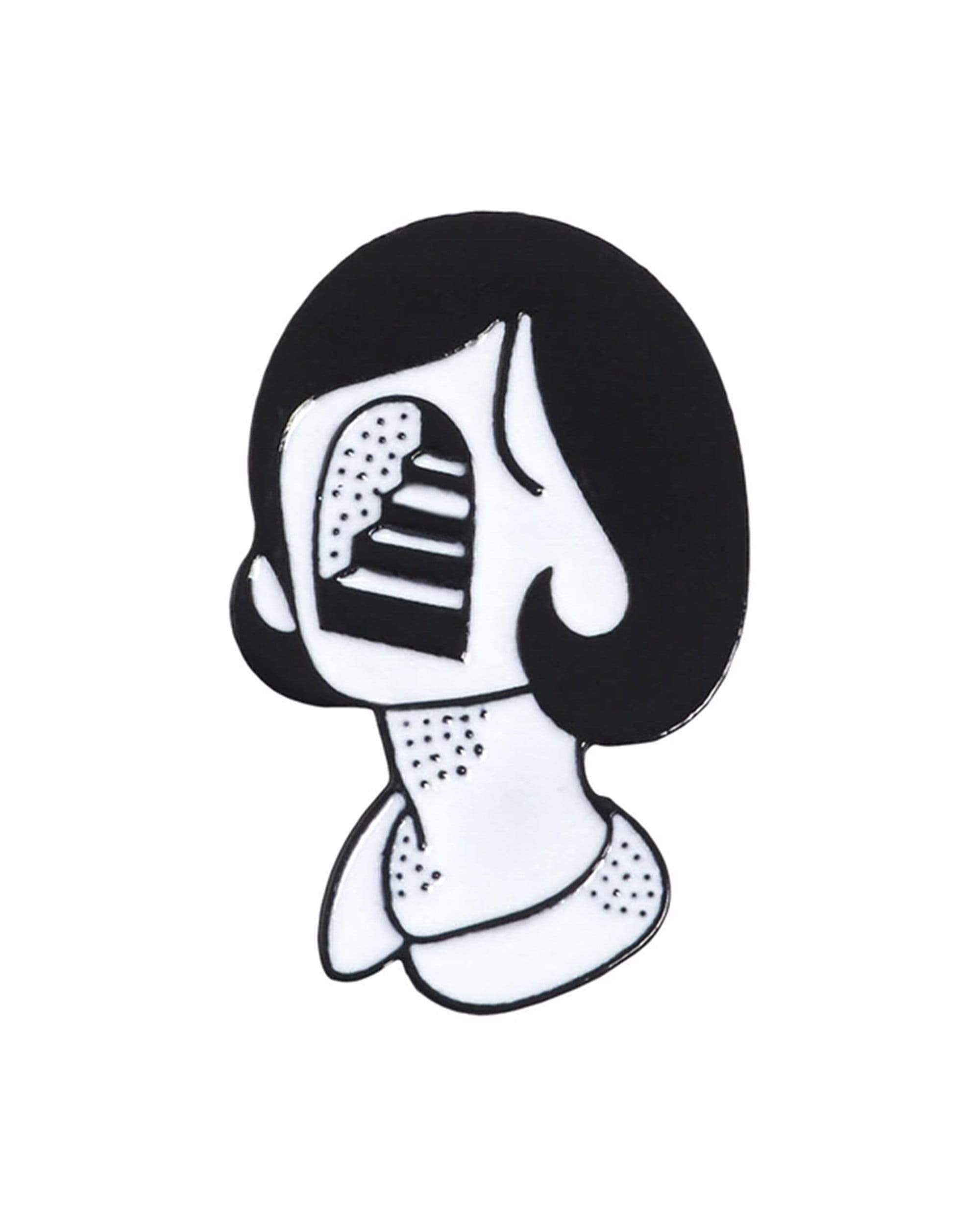 A close-up of the white Stairface Enamel Pin featuring a minimalist face design against a solid background. A close-up of the white Stairface Enamel Pin featuring a minimalist face design against a solid background.