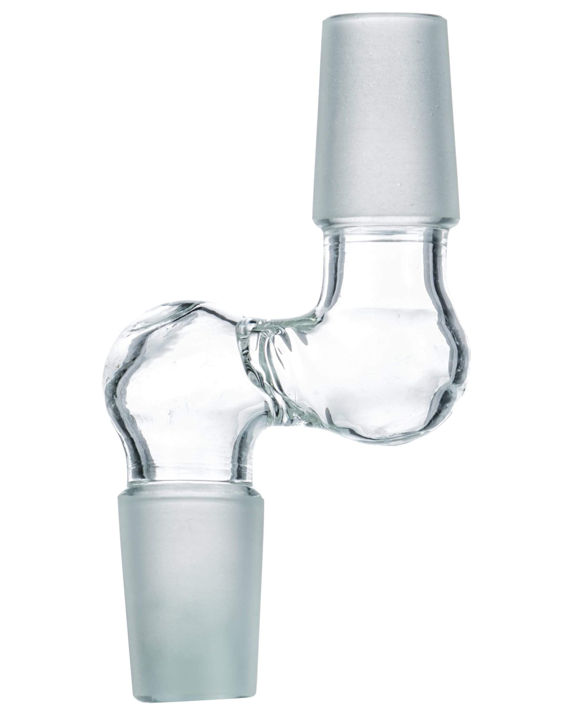 Close-up shot of the Step Up 90° Male to Male Adapter, showing its clear glass construction and angled connection. Close-up shot of the Step Up 90° Male to Male Adapter, showing its clear glass construction and angled connection.