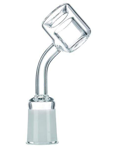 A close-up, angled view of the Thermal Banger Nail, showcasing its clear glass construction and cylindrical shape. A close-up, angled view of the Thermal Banger Nail, showcasing its clear glass construction and cylindrical shape.