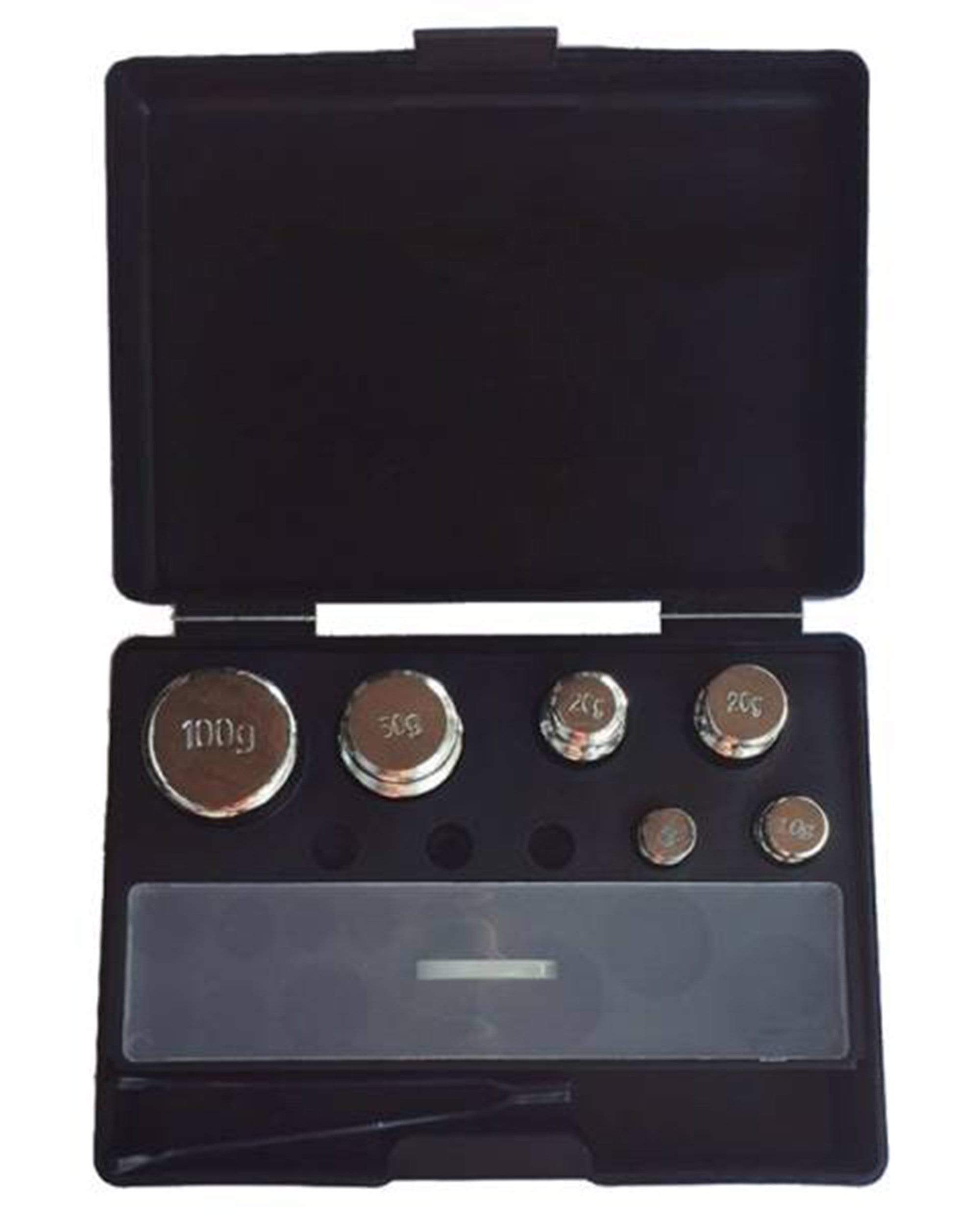 The TPFM 6 Piece Scale Calibration Set is displayed in a black case, showing six circular weights with numerical markings. The TPFM 6 Piece Scale Calibration Set is displayed in a black case, showing six circular weights with numerical markings.