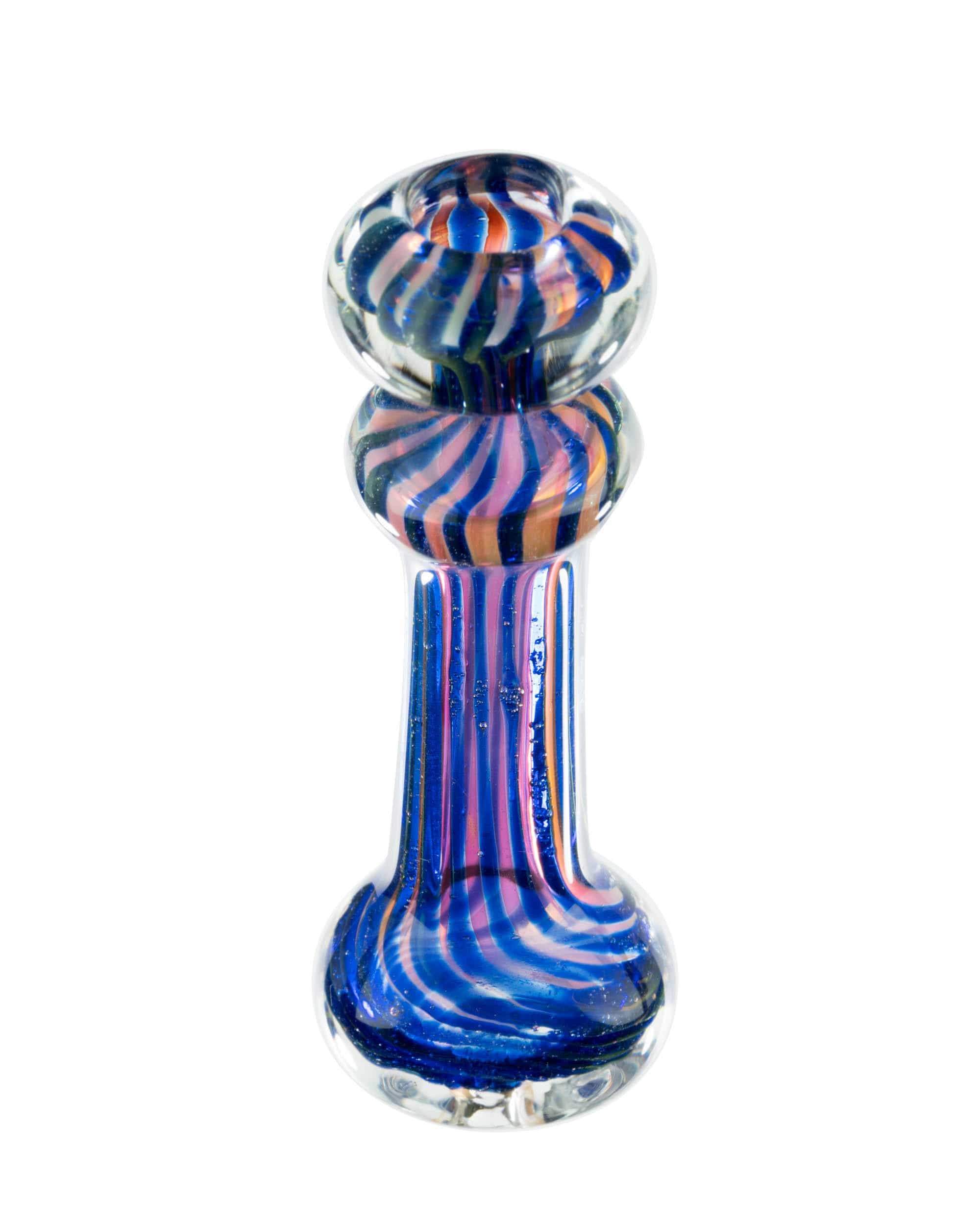 A close-up, angled view of the Tron Trail Chillum, showing a colorful, patterned glass design. A close-up, angled view of the Tron Trail Chillum, showing a colorful, patterned glass design.