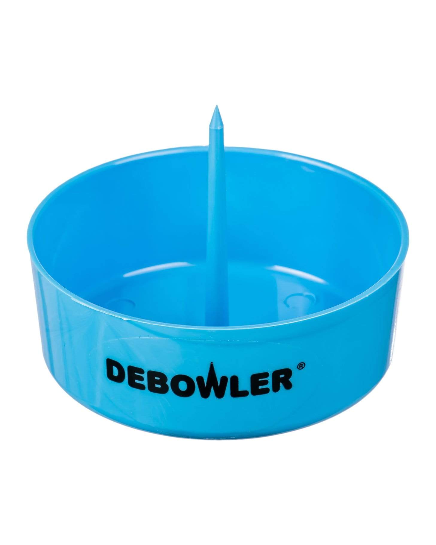 A front view of the Debowler, a blue, circular object with a slightly raised edge against a plain white background. A front view of the Debowler, a blue, circular object with a slightly raised edge against a plain white background.