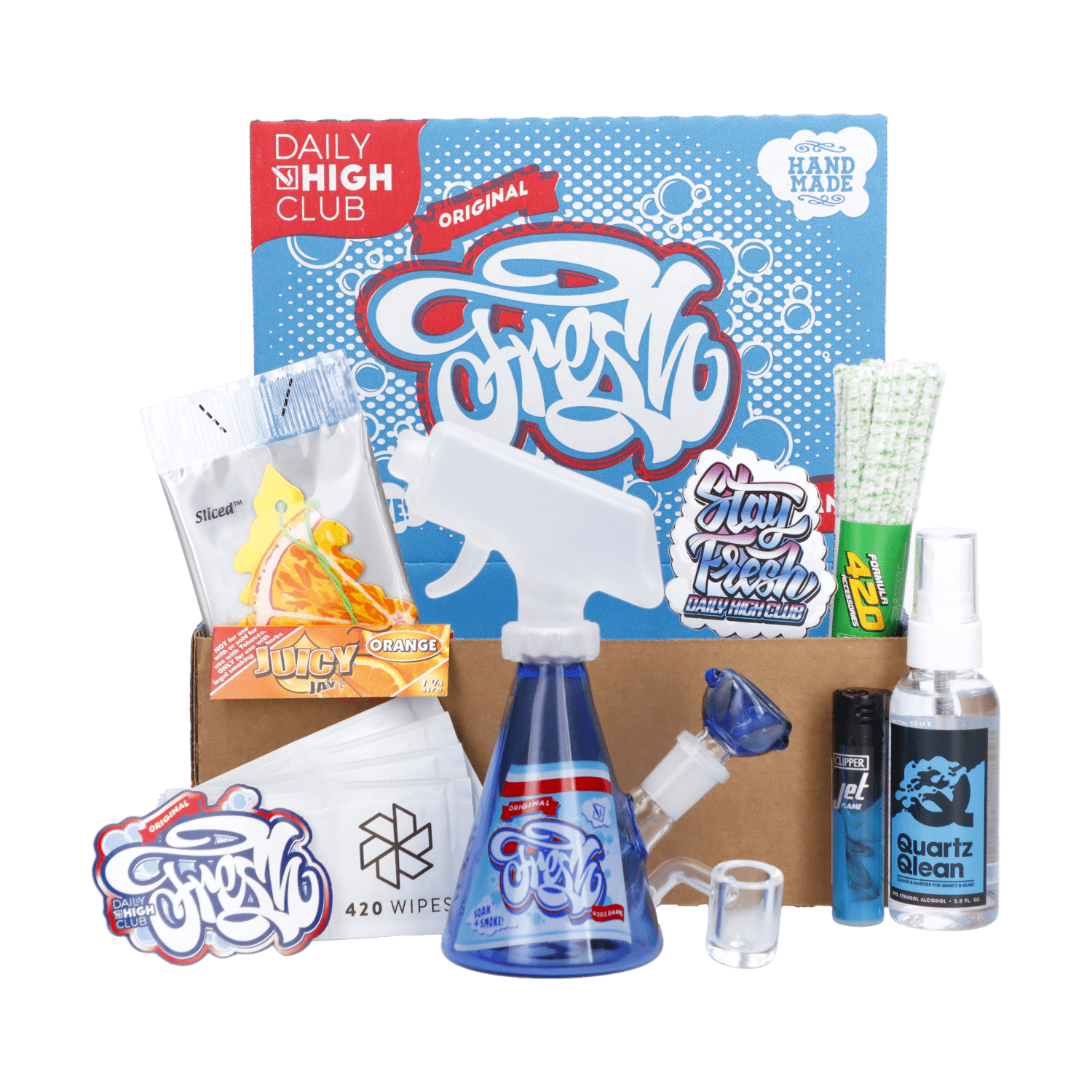 A top-down view of the Refresh Your Sesh Smoking Box with colorful branded items arranged on a blue surface. A top-down view of the Refresh Your Sesh Smoking Box with colorful branded items arranged on a blue surface.