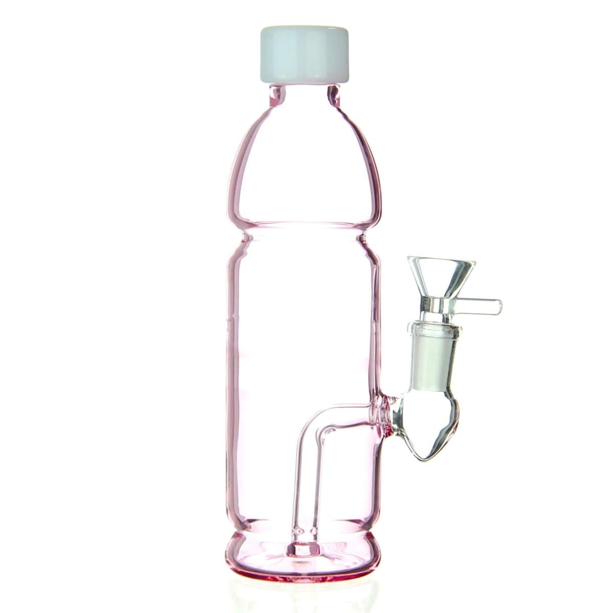 Front view of the Terpade Bottle Bong, a tall, slender glass bong with a clear body and subtle pink hue. Front view of the Terpade Bottle Bong, a tall, slender glass bong with a clear body and subtle pink hue.