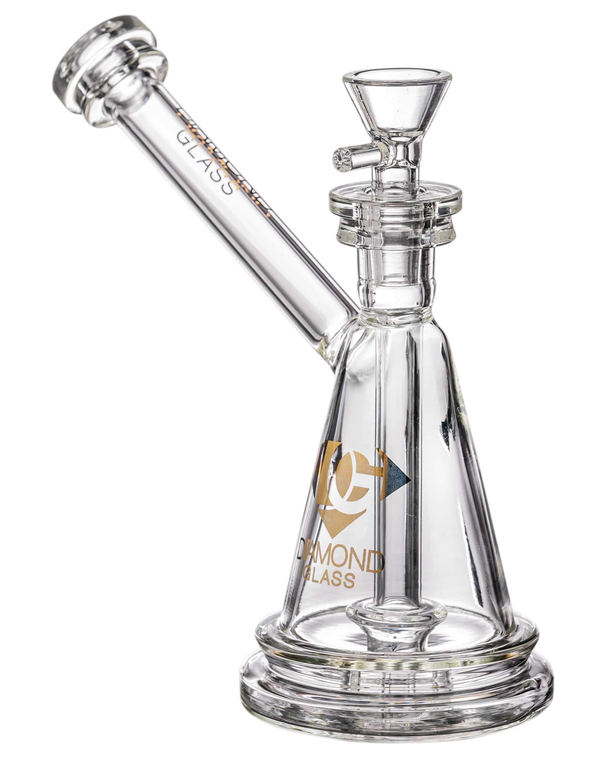 A studio shot displays the Gavel Hammer Bubbler, a clear glass piece with a unique hammer-shaped design and visible joint. A studio shot displays the Gavel Hammer Bubbler, a clear glass piece with a unique hammer-shaped design and visible joint.