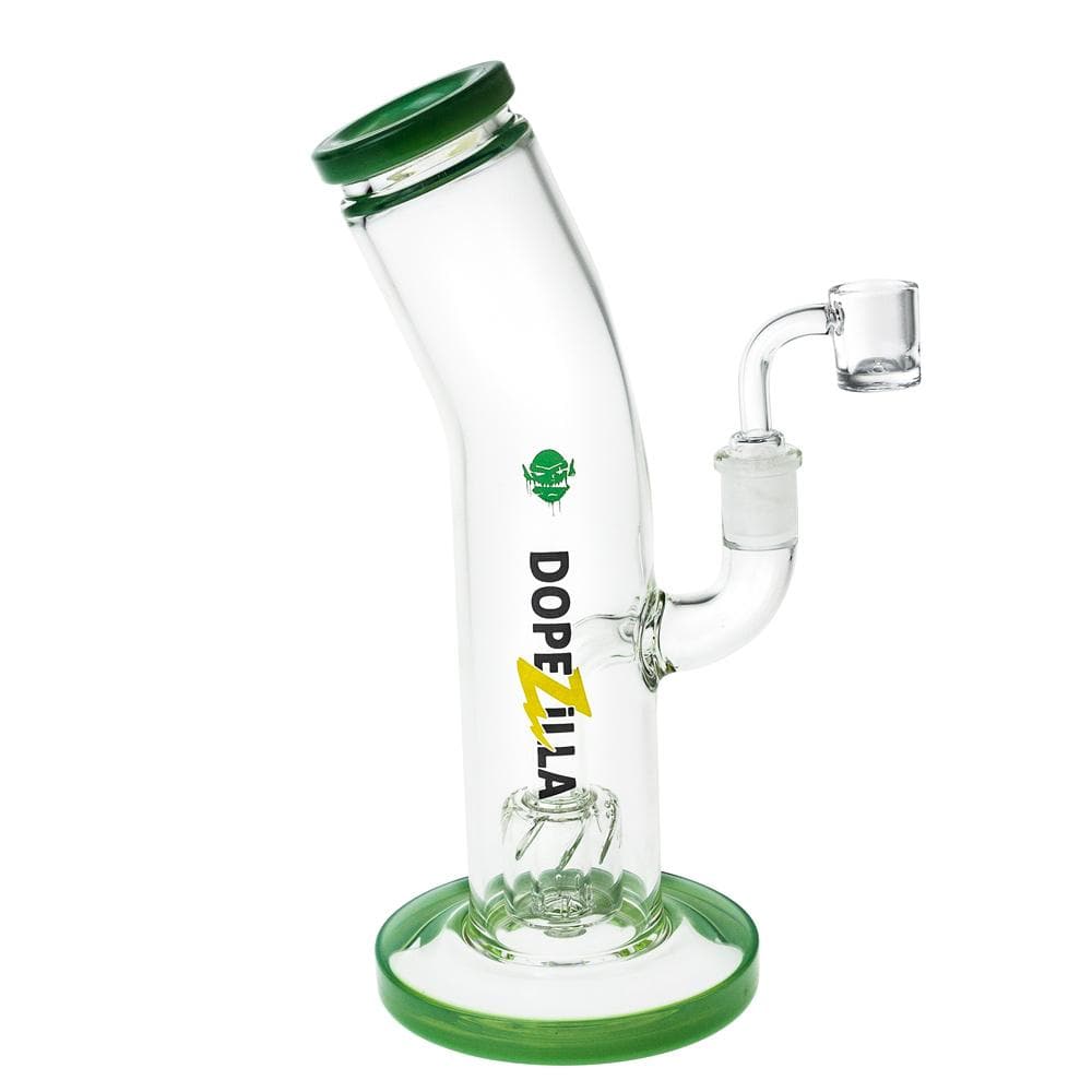 The Ogre Dab Rig is displayed in a close-up, angled shot highlighting its glass construction and joint connection. The Ogre Dab Rig is displayed in a close-up, angled shot highlighting its glass construction and joint connection.
