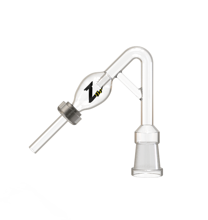 A slightly angled view of the Stinger Female 45 Degree Dabbing Straw, showcasing its clear glass construction and curved design. A slightly angled view of the Stinger Female 45 Degree Dabbing Straw, showcasing its clear glass construction and curved design.
