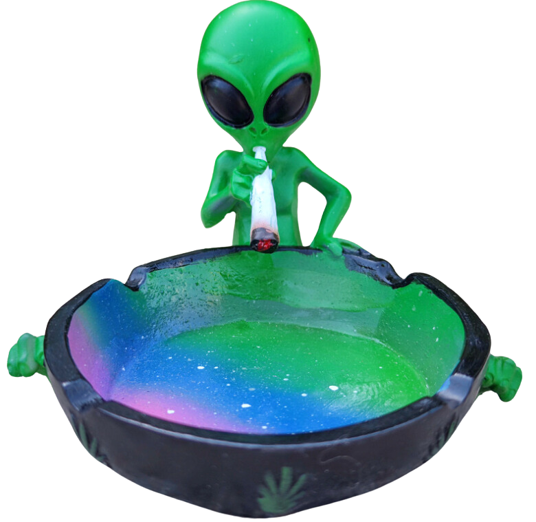 A top-down view of the Ceramic Smoking Alien Ashtray, showcasing a green, sculpted alien figure holding a dish. A top-down view of the Ceramic Smoking Alien Ashtray, showcasing a green, sculpted alien figure holding a dish.
